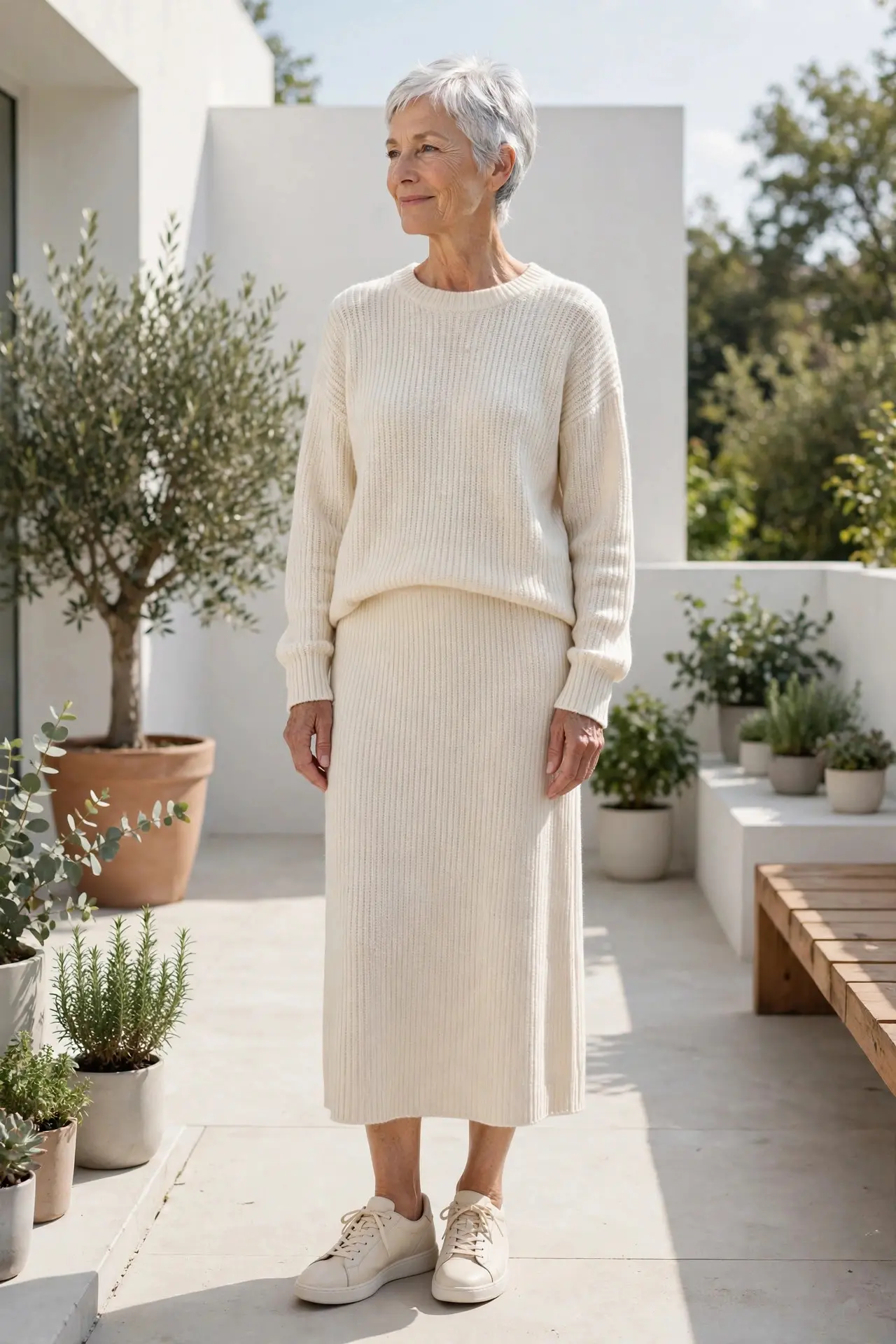 Woman over 60 with short silver-white hair wearing a cream knit co-ord set and cream sneakers on a garden terrace
