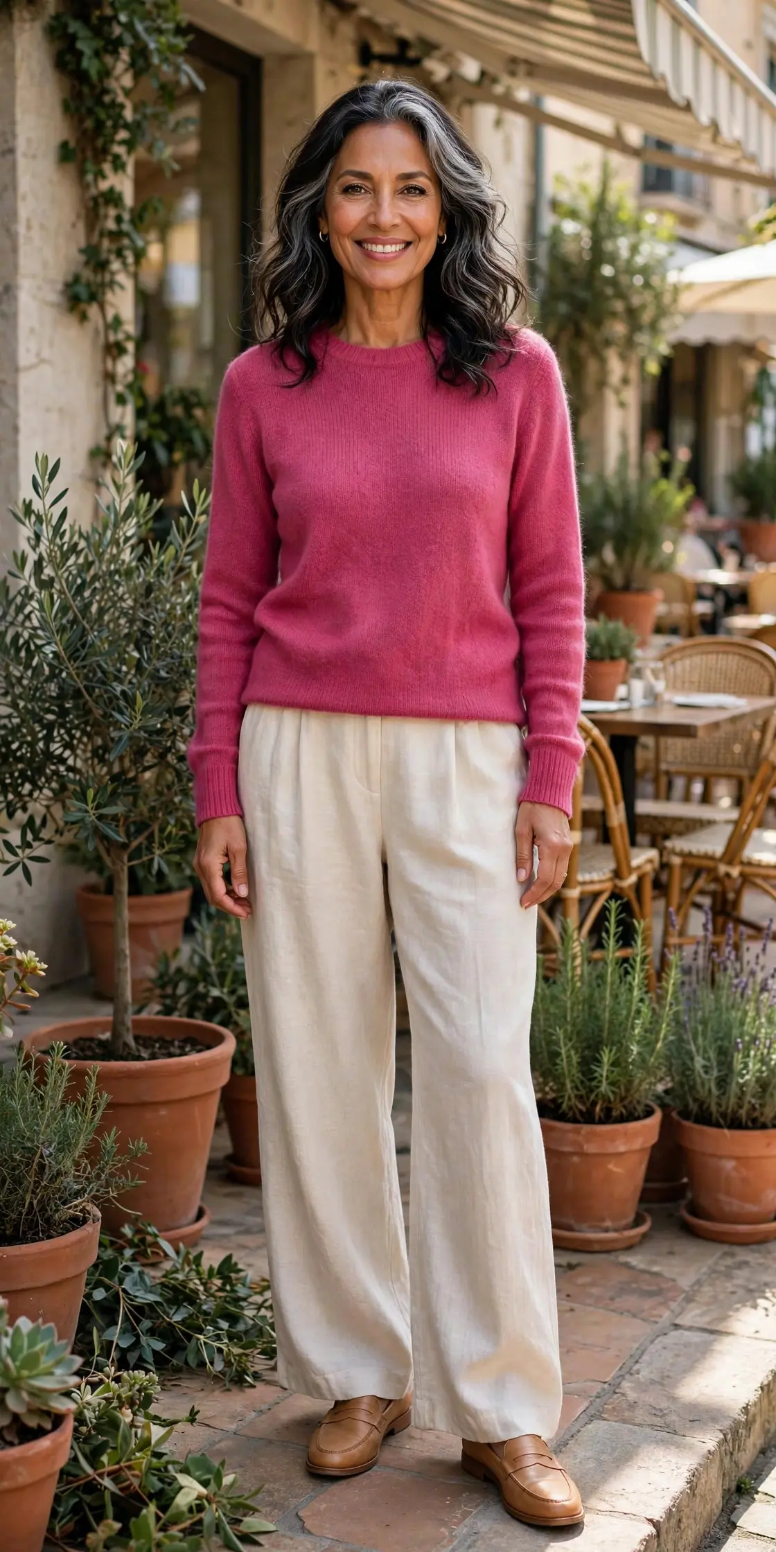 Woman over 50 with silver-streaked dark waves wearing a raspberry knit sweater and cream linen trousers on a café terrace