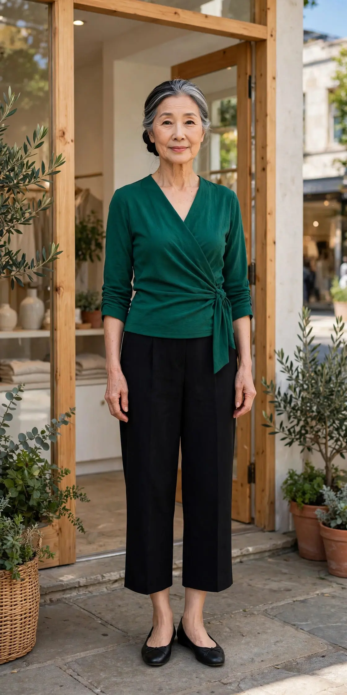 Woman around 60 with a silver-streaked low bun wearing an emerald wrap top and black cropped pants outside a boutique