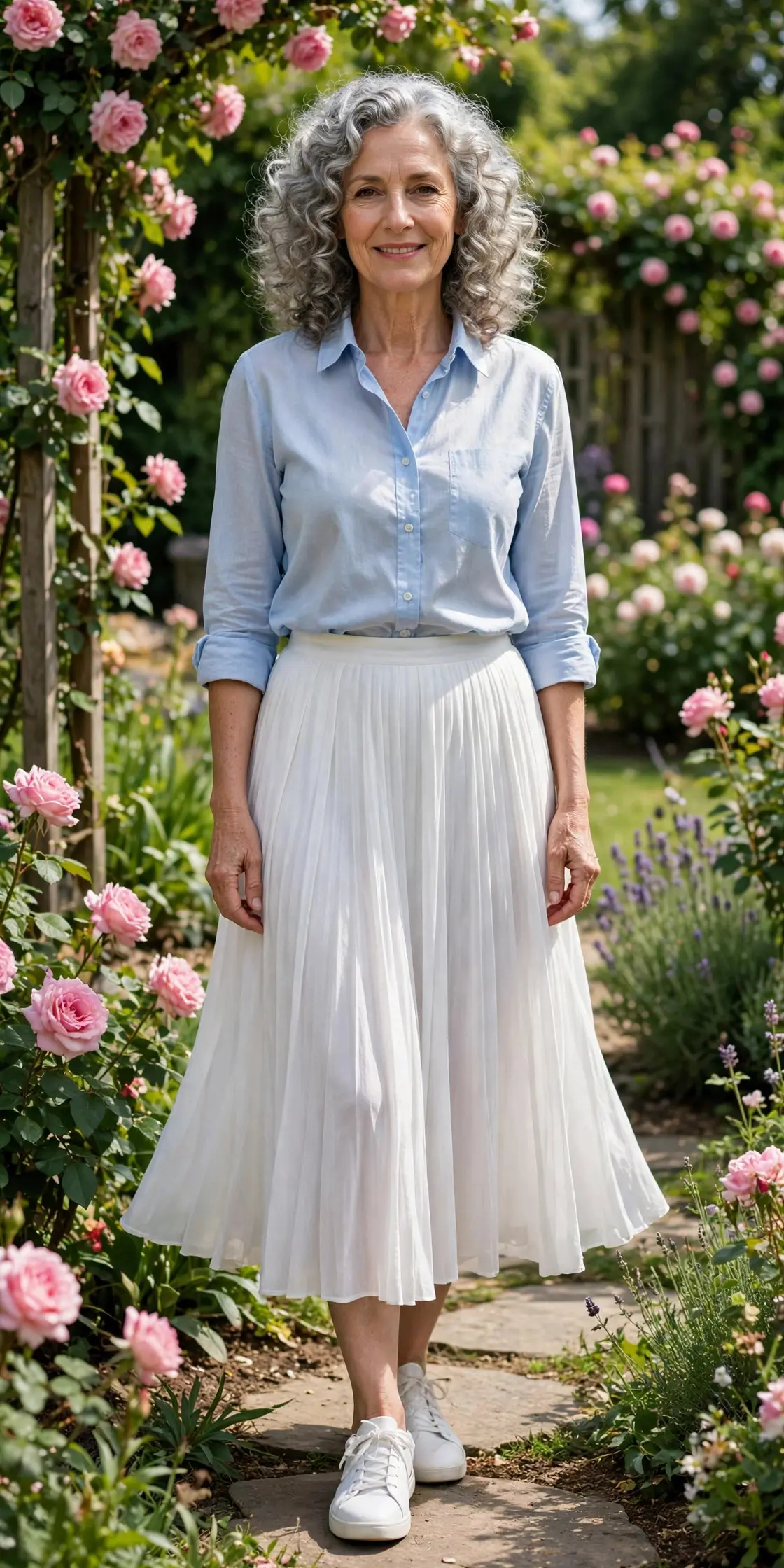 Woman over 50 with silver curls wearing a light blue Oxford shirt and white midi skirt in a rose garden