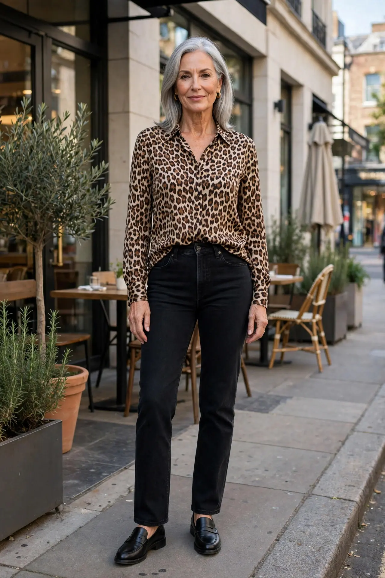 Woman over 50 with sleek silver hair wearing a leopard print blouse, black jeans and black loafers outside a café