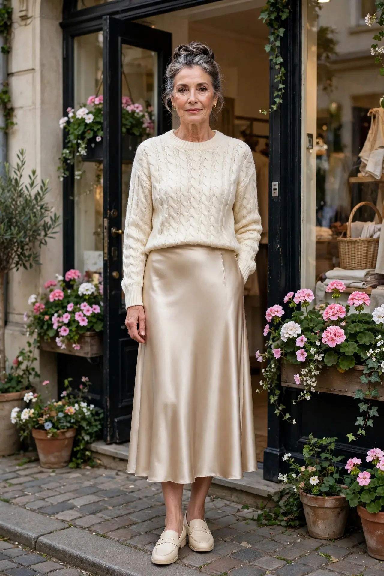 Woman over 60 with a salt-and-pepper updo wearing a cream cable knit sweater, champagne satin midi skirt and cream loafers outside a boutique