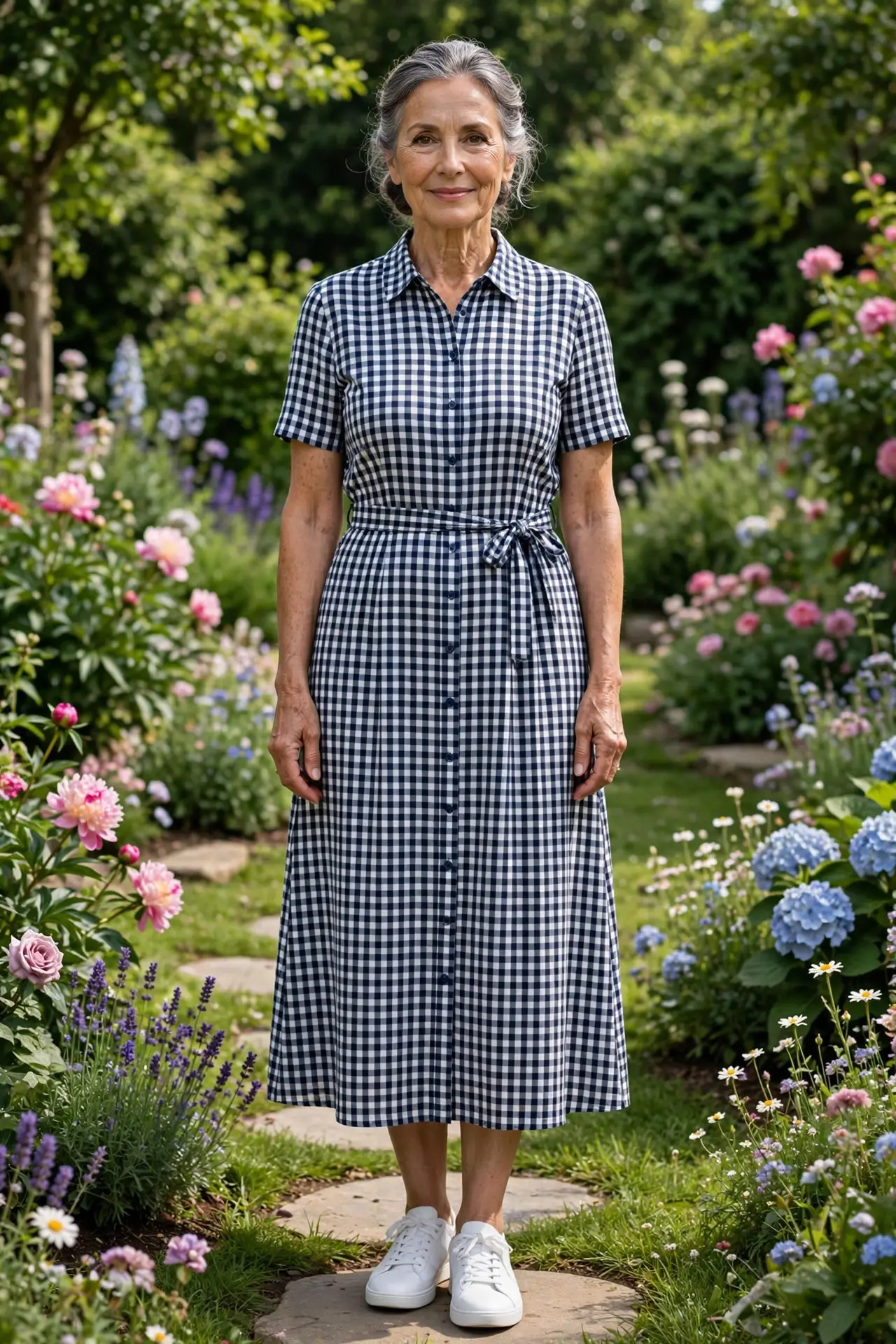 Woman over 60 with salt-and-pepper hair wearing a navy-and-white gingham midi dress and white sneakers in a flower garden