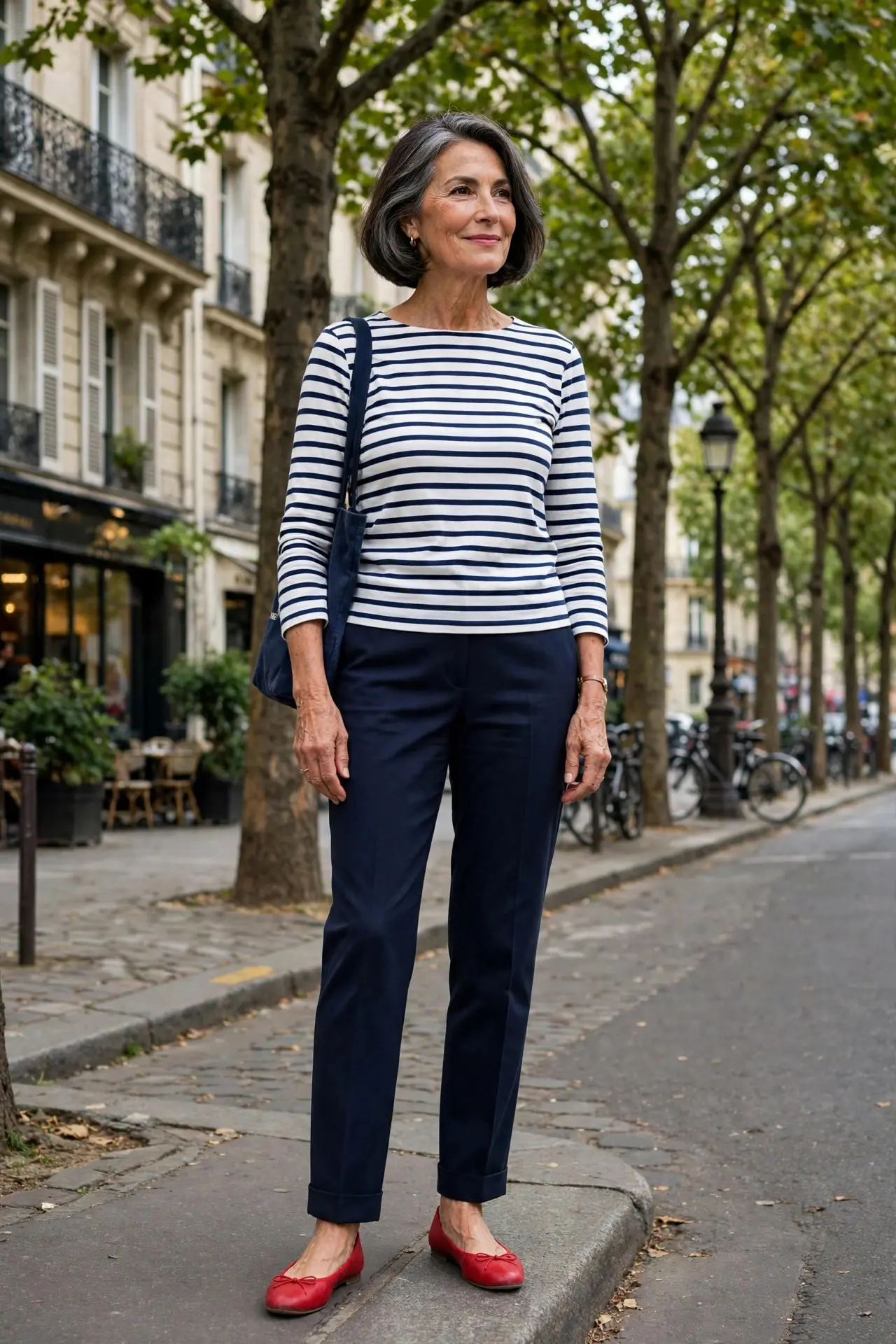 Woman over 50 with a grey-streaked bob wearing a Breton stripe top, navy trousers and red ballet flats on a tree-lined street