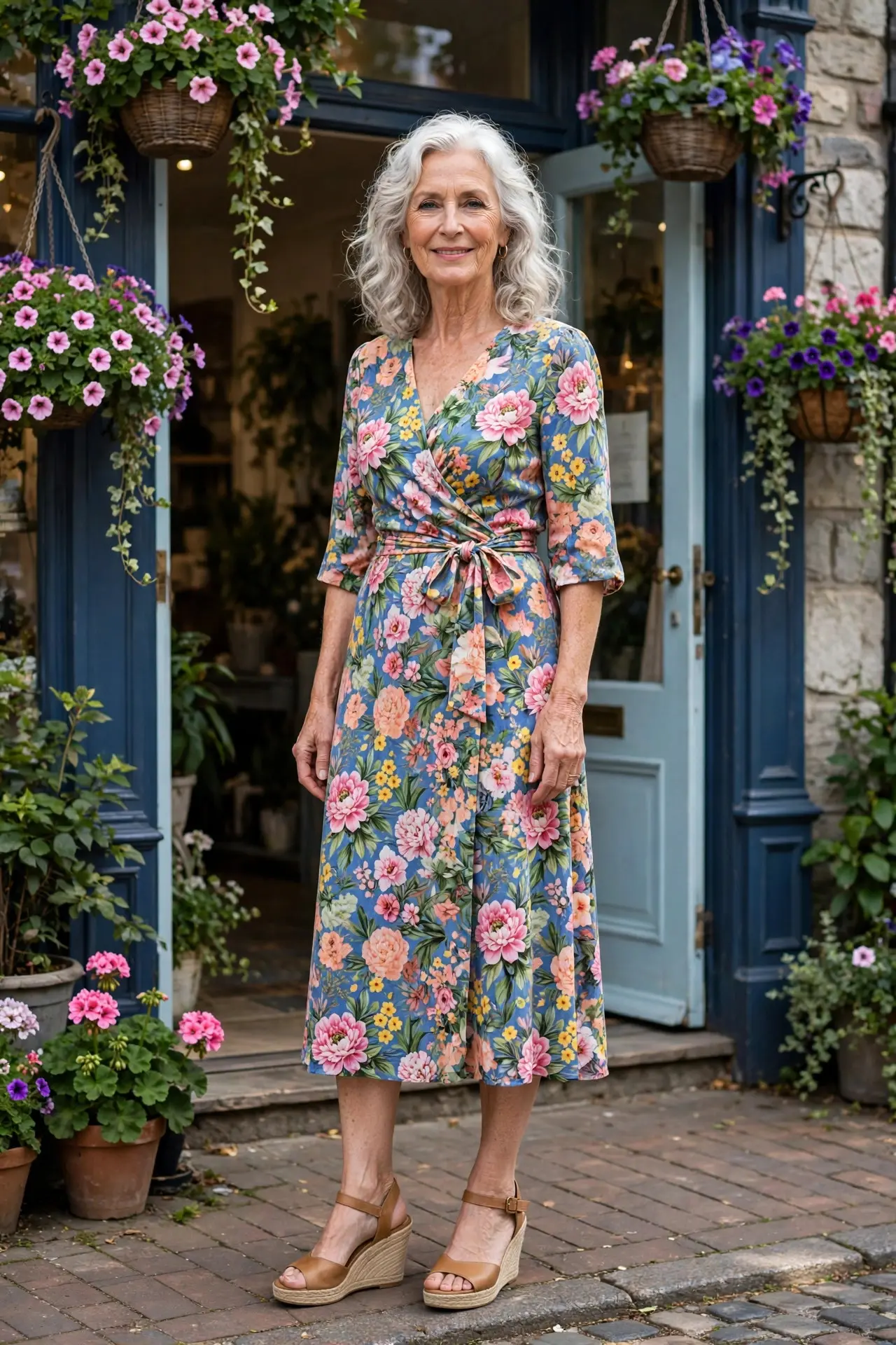 Woman over 60 with white-silver hair wearing a floral wrap midi dress and tan wedge sandals outside a boutique
