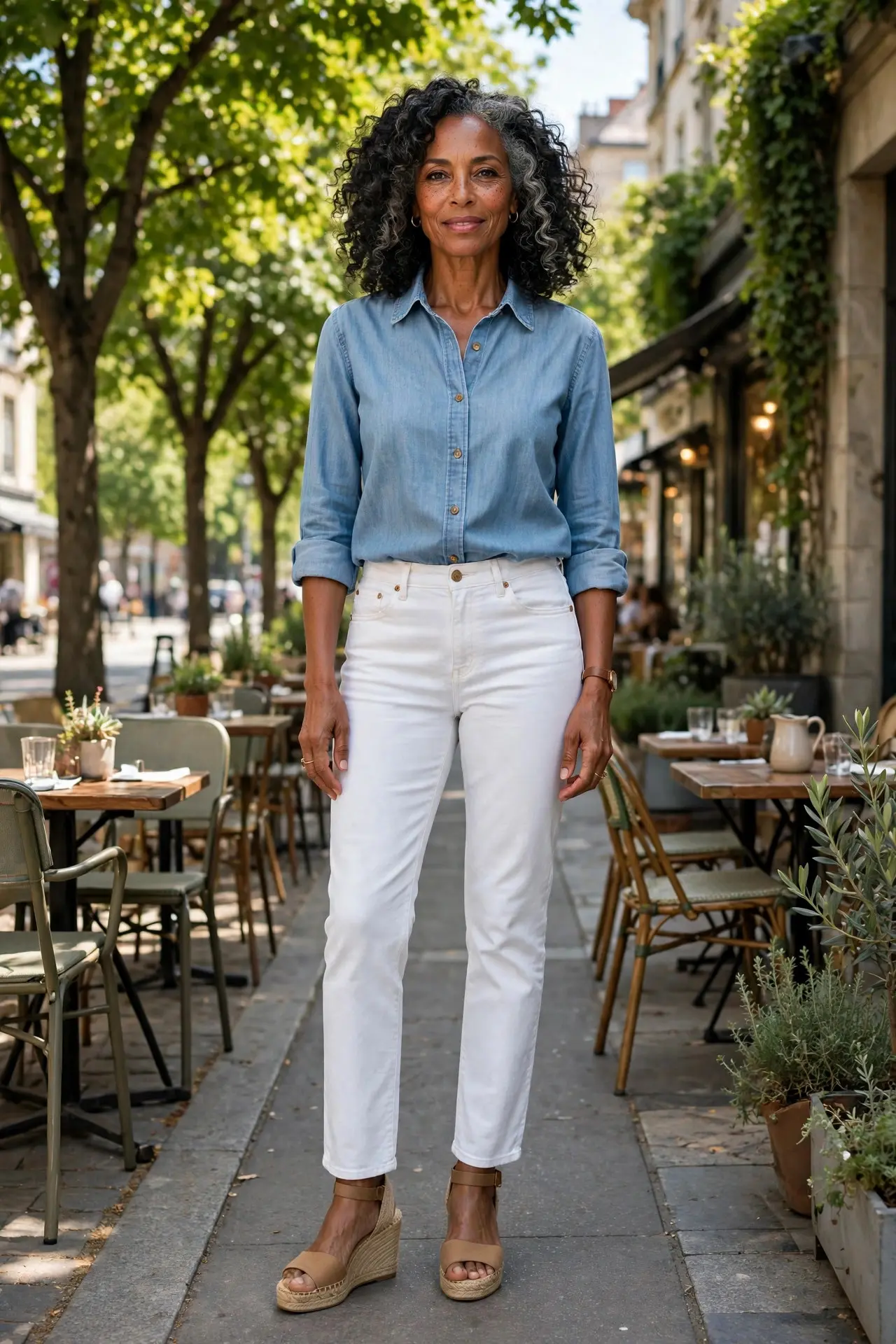 Woman over 50 with silver-streaked curly hair wearing a chambray shirt, white jeans and tan espadrilles on a café street