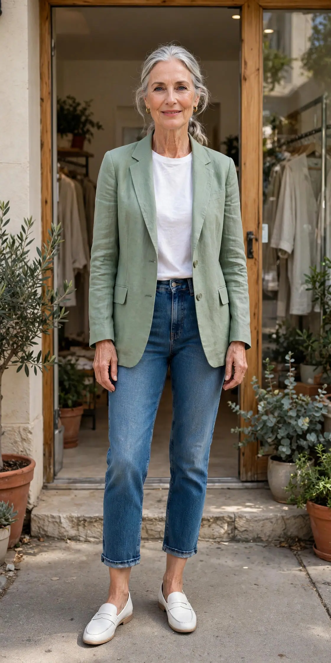 Woman over 60 with a silver ponytail wearing a sage linen blazer, white tee and cropped jeans outside a boutique