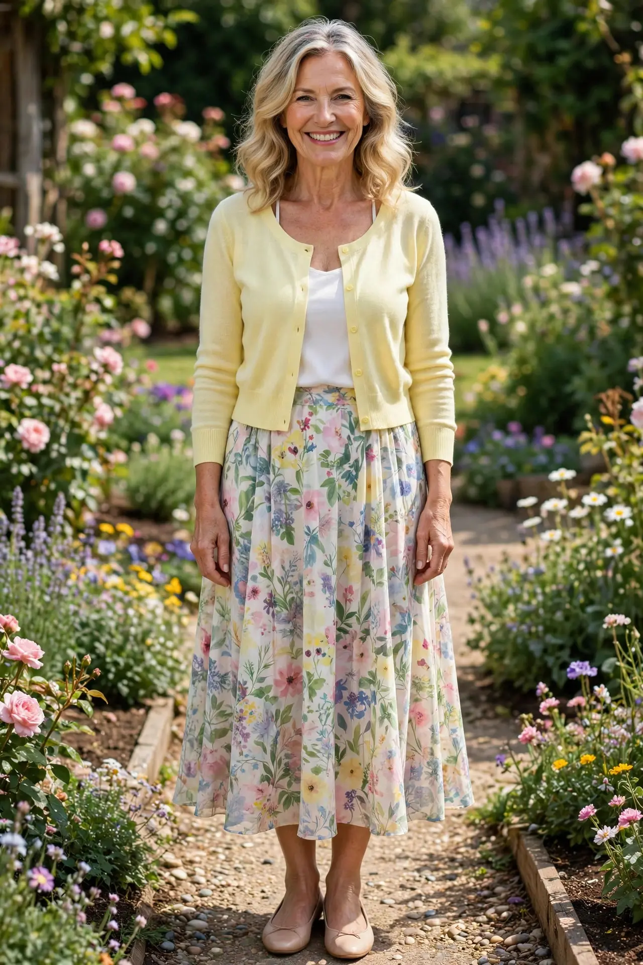 Woman over 50 with blonde-grey waves wearing a lemon cardigan and pastel floral midi skirt in a sunny garden