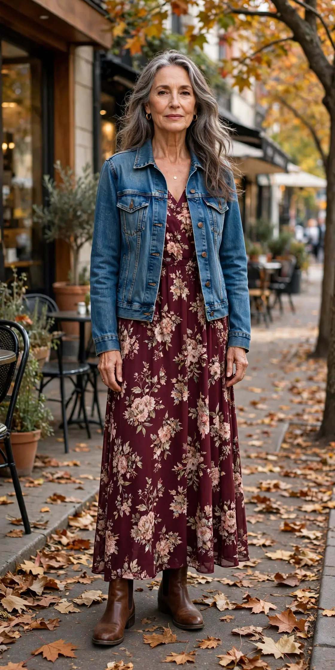 Woman over 60 with long salt-and-pepper hair wearing a denim jacket over a burgundy floral maxi dress with ankle boots