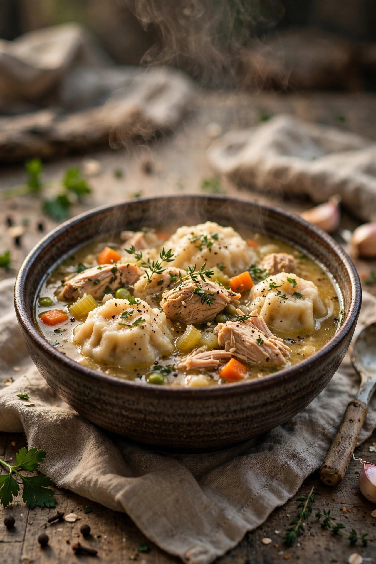 Classic chicken and dumplings stew in a deep bowl with herbs
