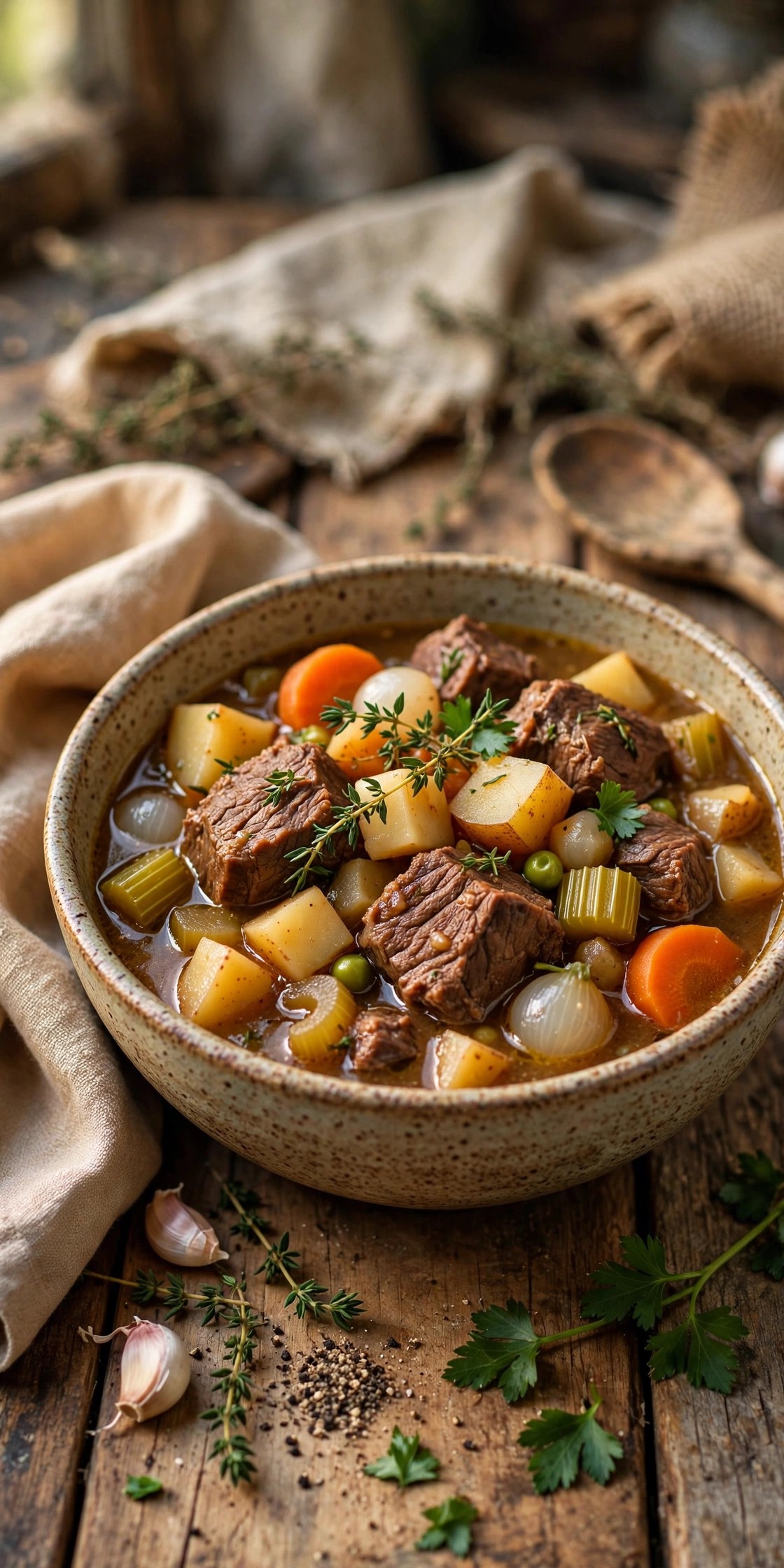 Hearty slow-cooker beef stew with chunky vegetables in a bowl