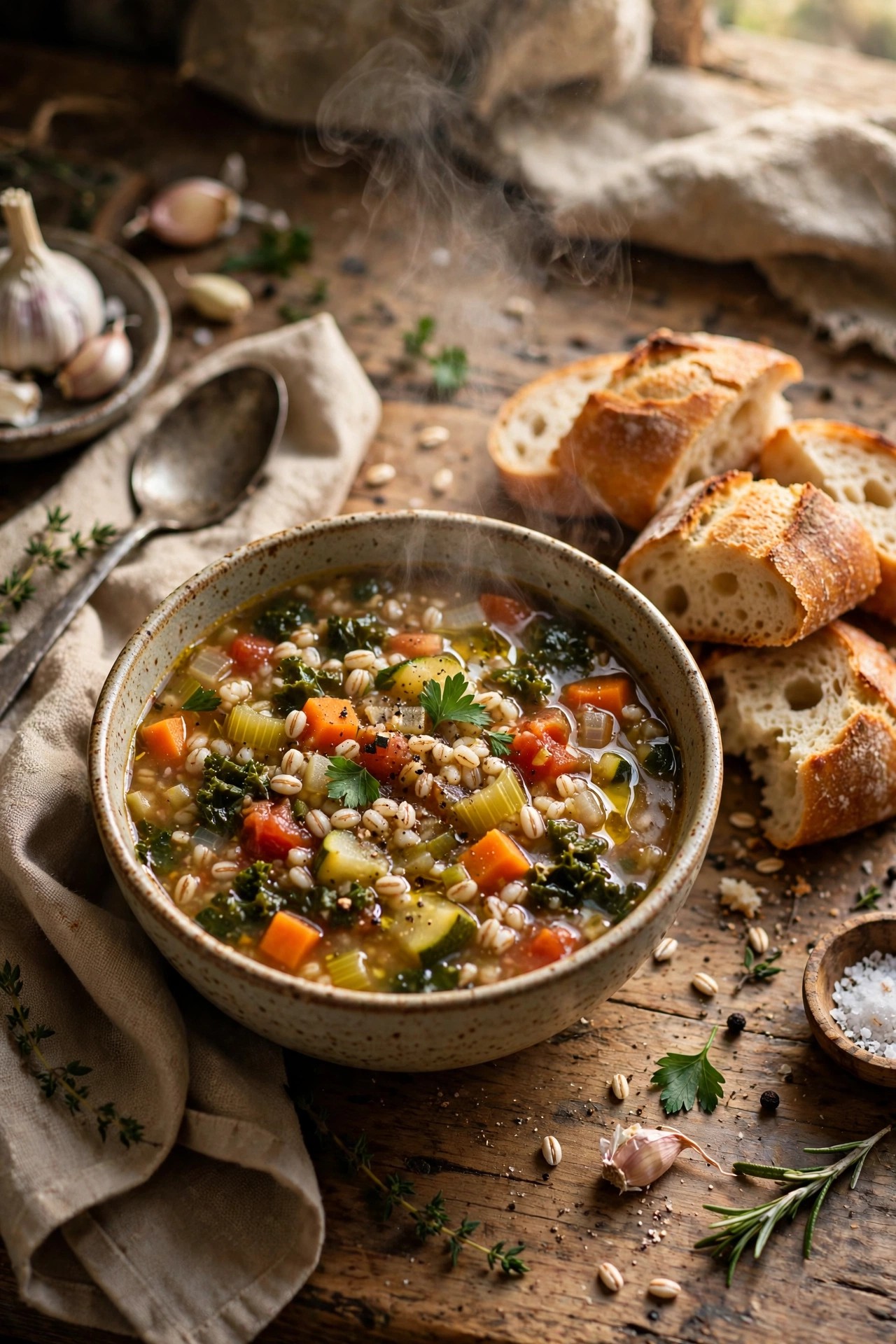 Hearty vegetable and barley soup with crusty bread on a wooden table
