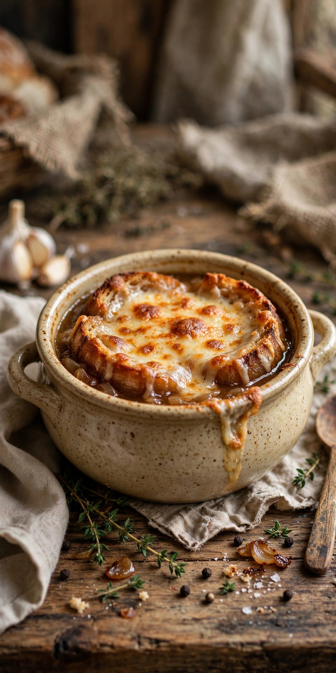 French onion soup with melted cheese crouton in a crock