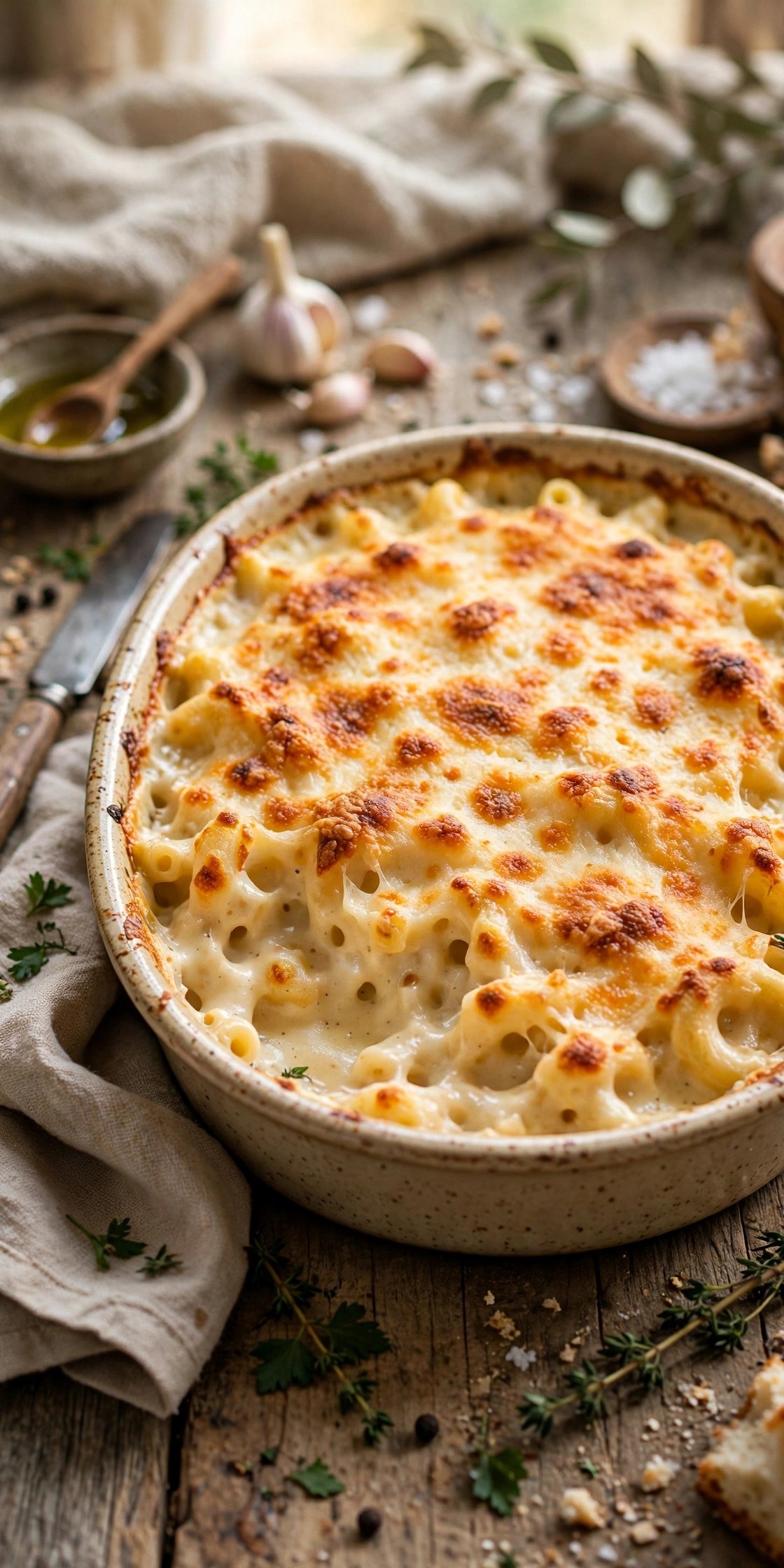 Creamy baked mac and cheese with golden crust in a dish