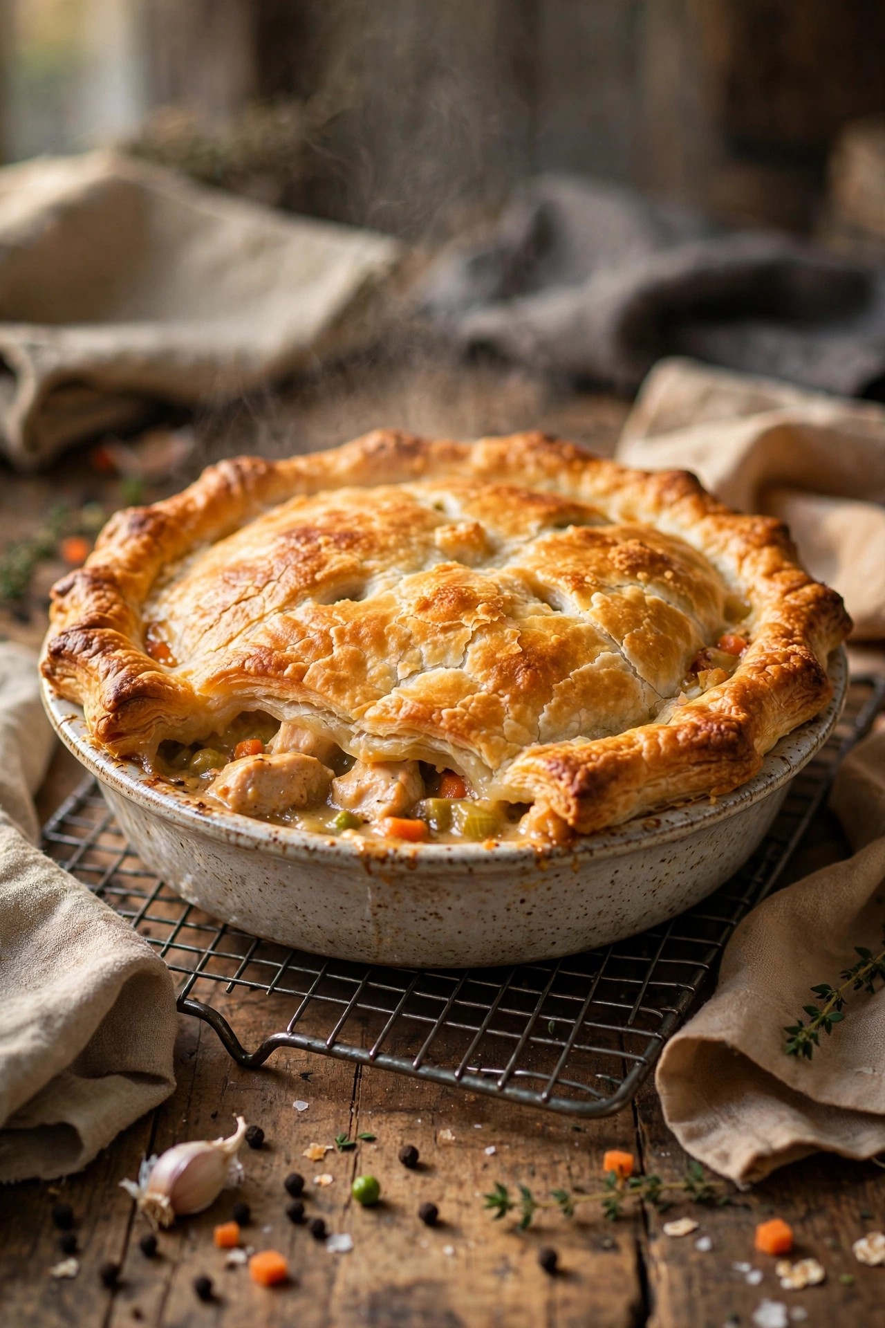 Golden chicken pot pie with flaky crust on a cooling rack