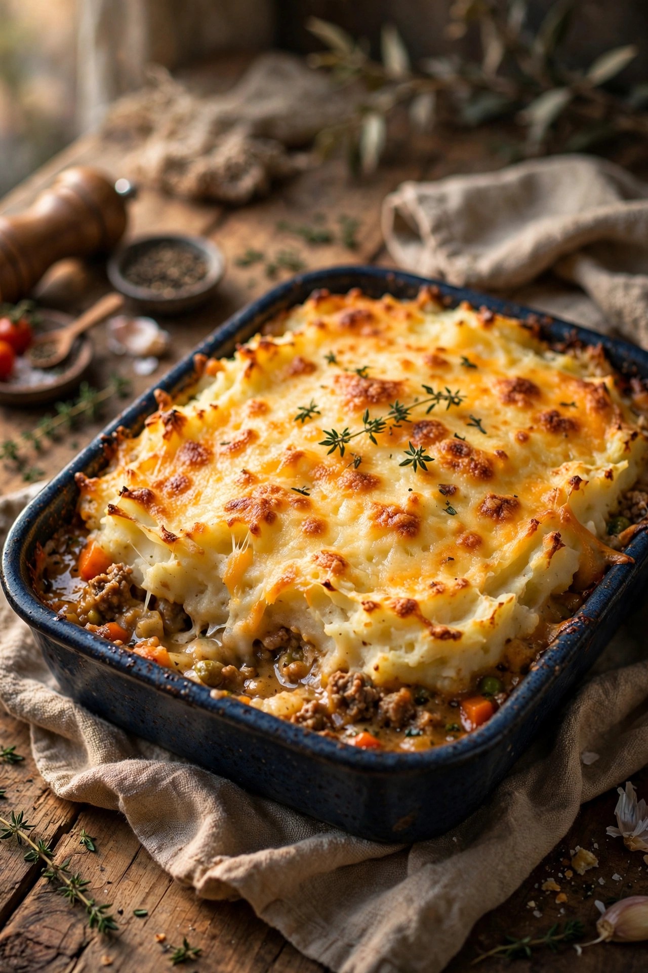 Shepherd's pie with cheesy mashed potato topping in a baking dish