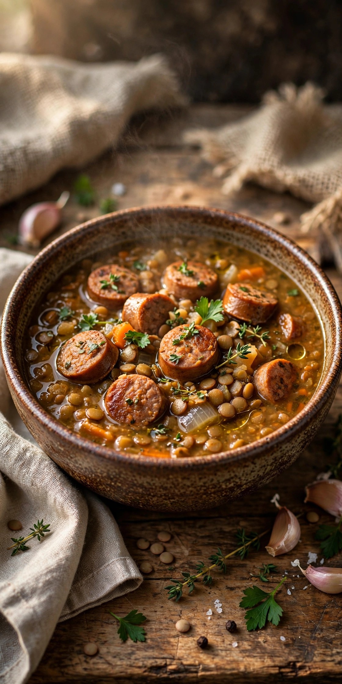 Sausage and lentil soup with herbs in a rustic bowl