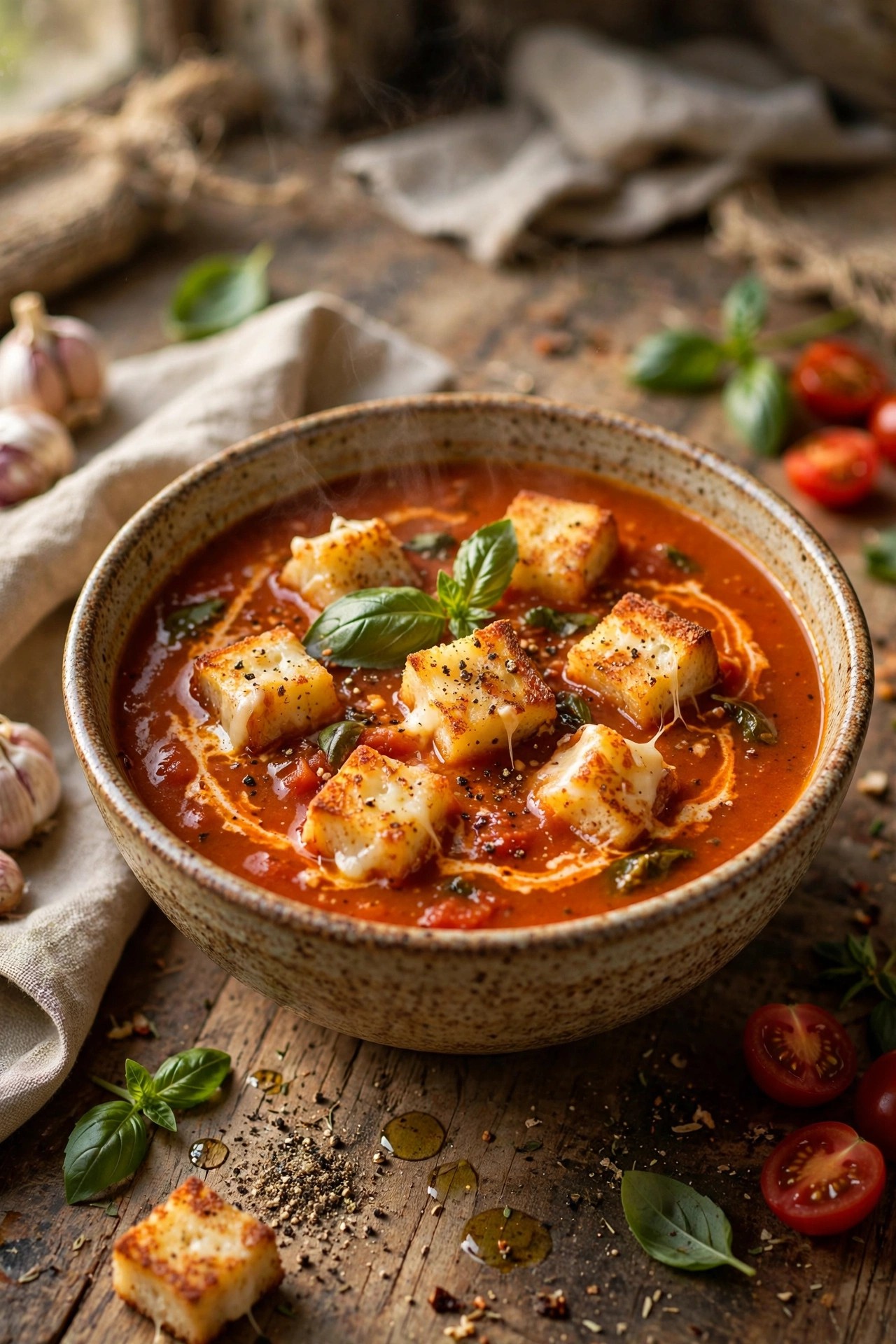Tomato basil soup with grilled cheese croutons in a bowl