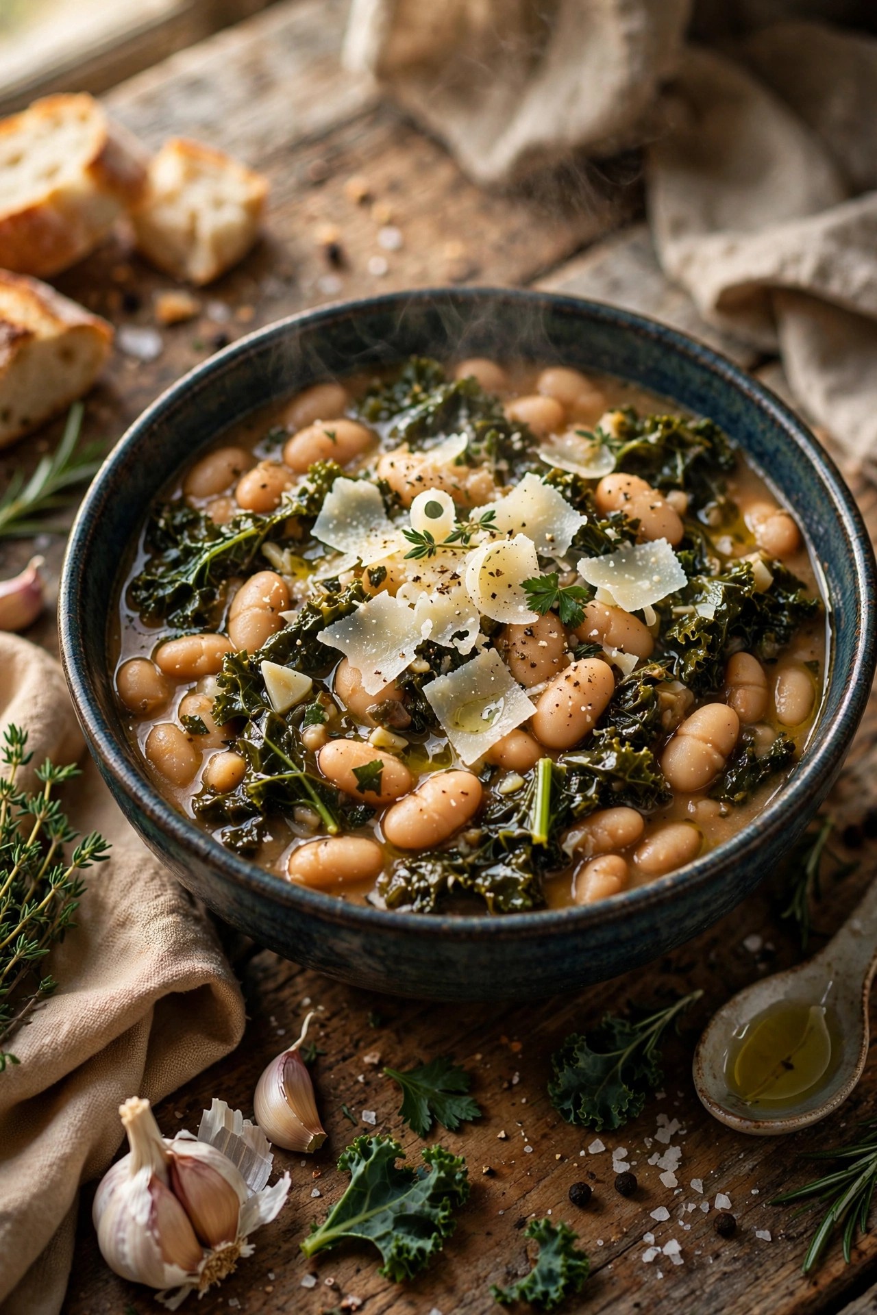 White bean and kale stew with parmesan in a deep bowl