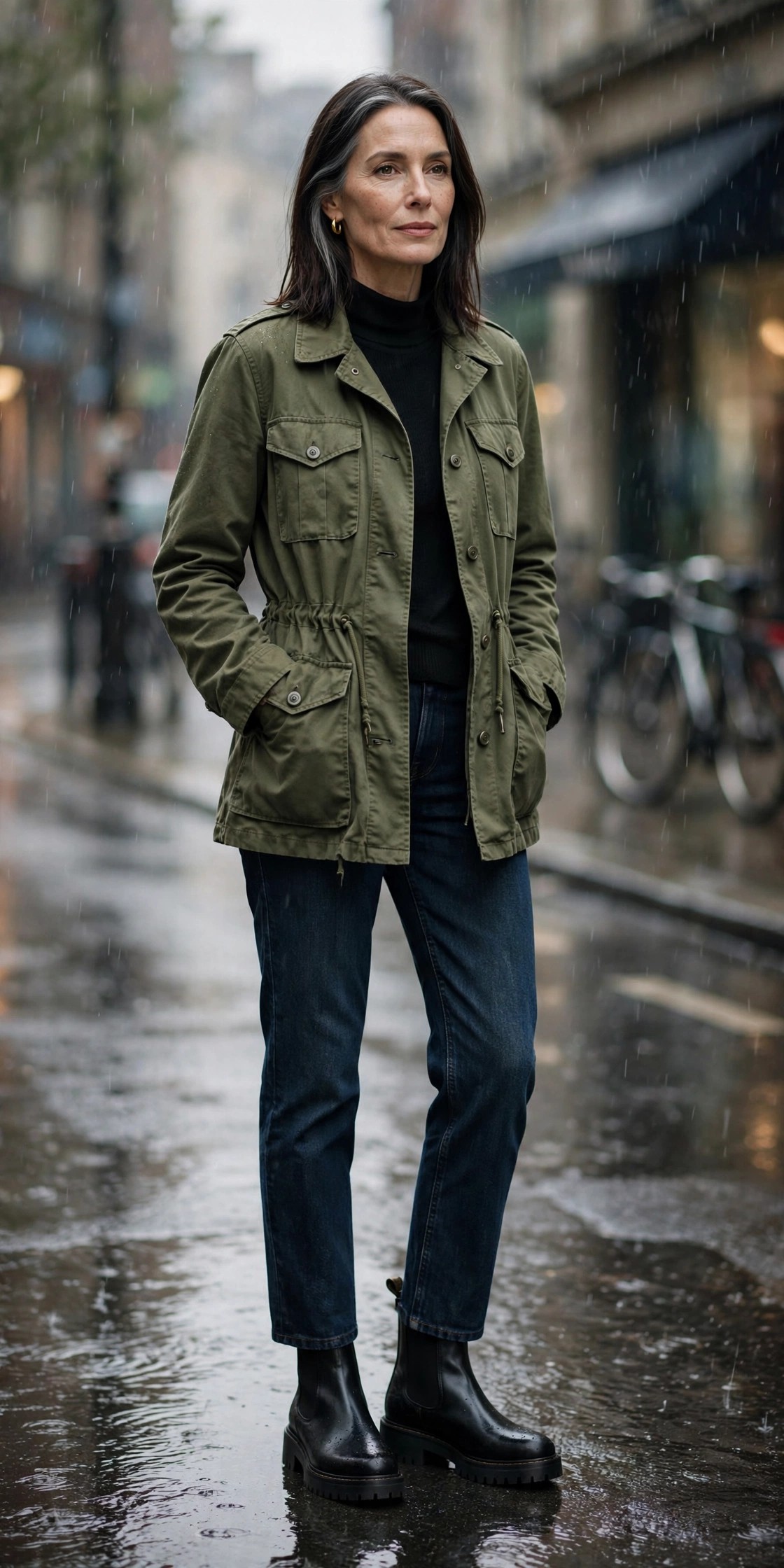 Woman in her 50s wearing black lug-sole chelsea boots with dark jeans and an olive field jacket in rain