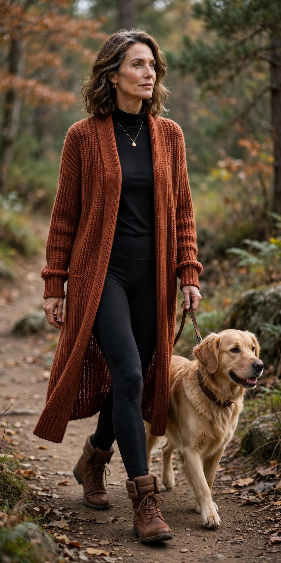Woman in her 50s wearing brown lace-up ankle boots with padded collar, leggings and a rust cardigan on a trail