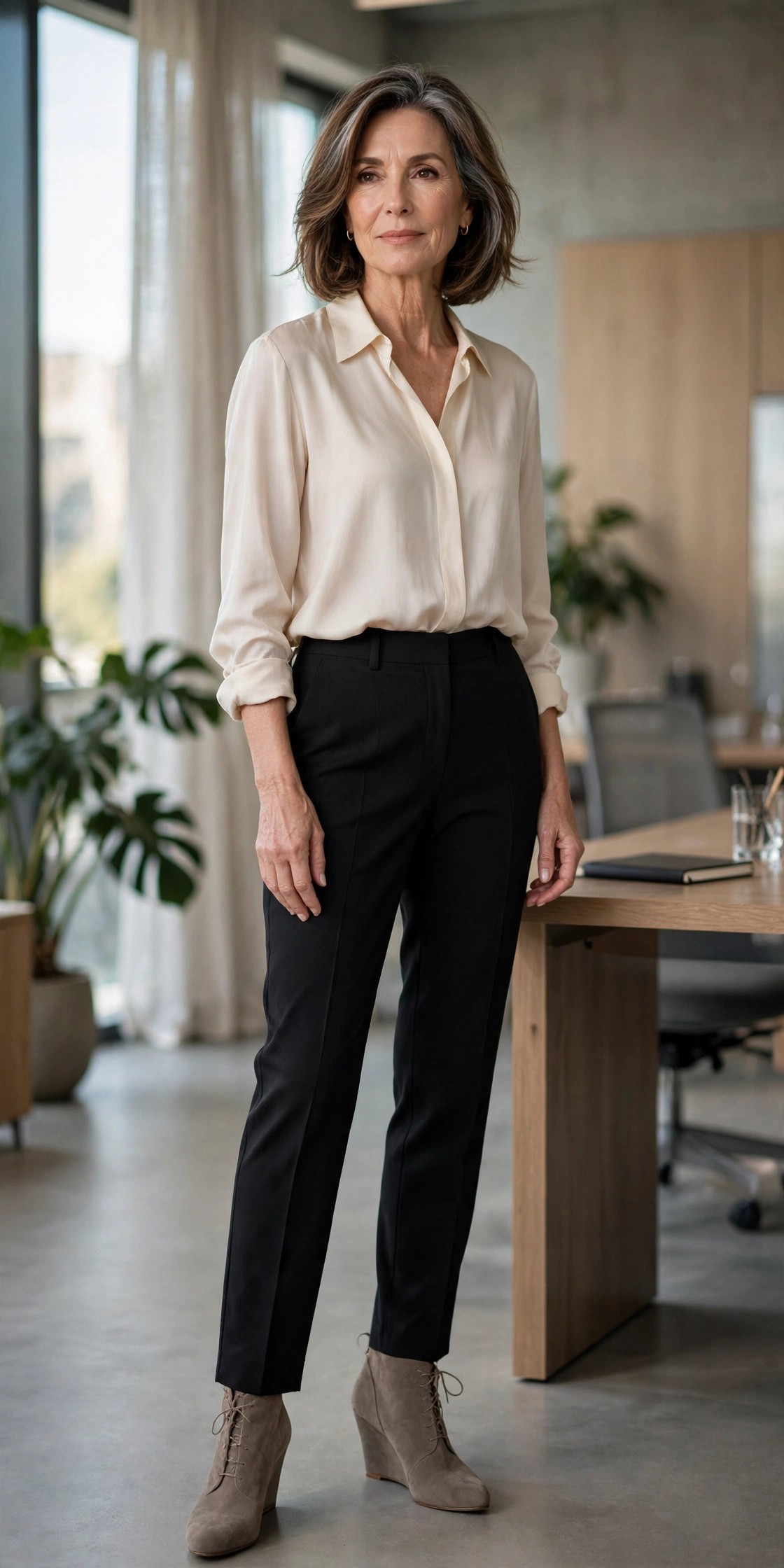 Woman in her 50s wearing taupe wedge-heel ankle booties with black trousers and a cream blouse in an office