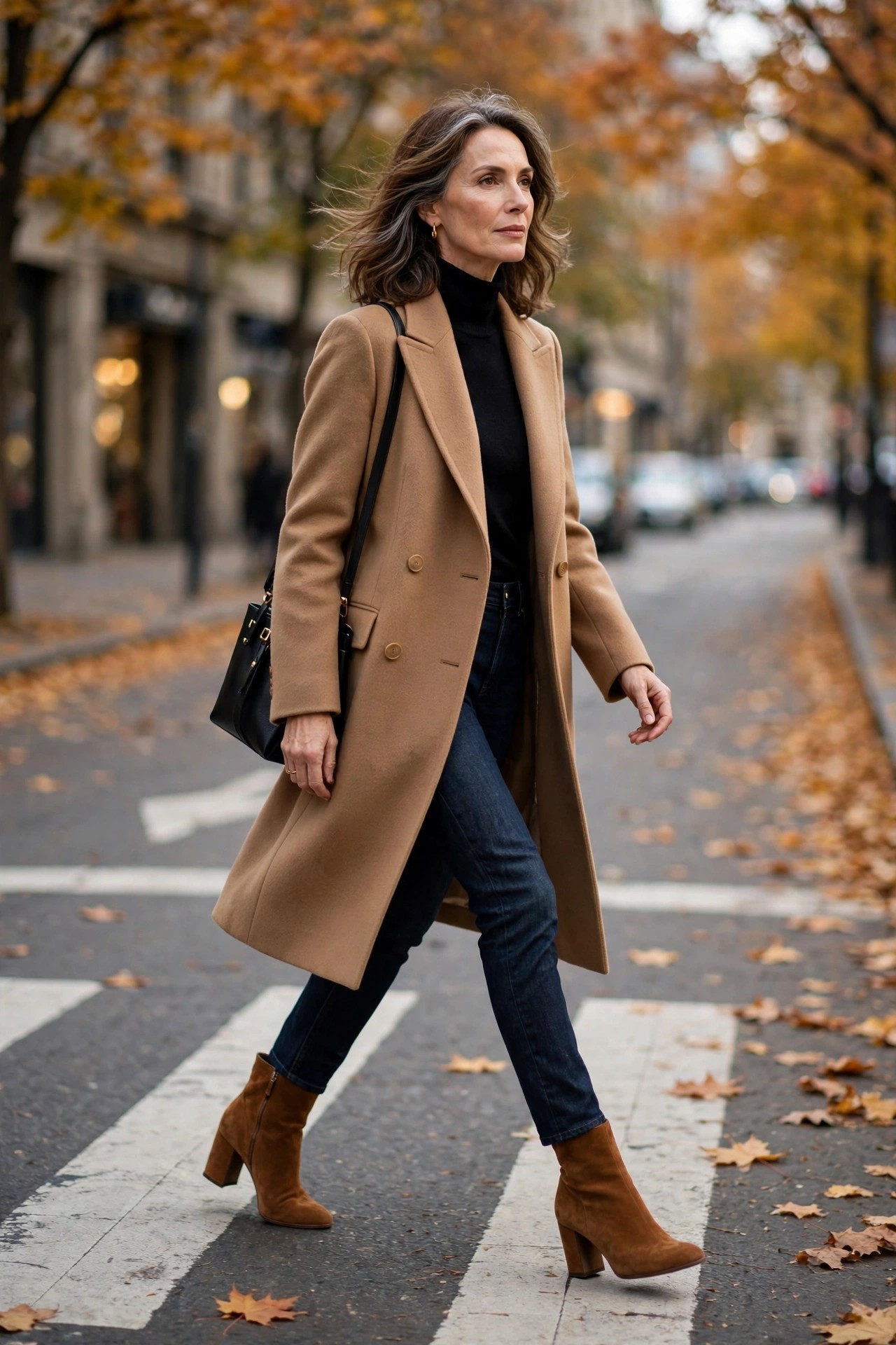 Woman in her 50s wearing cognac suede block-heel ankle boots with dark jeans and a camel coat