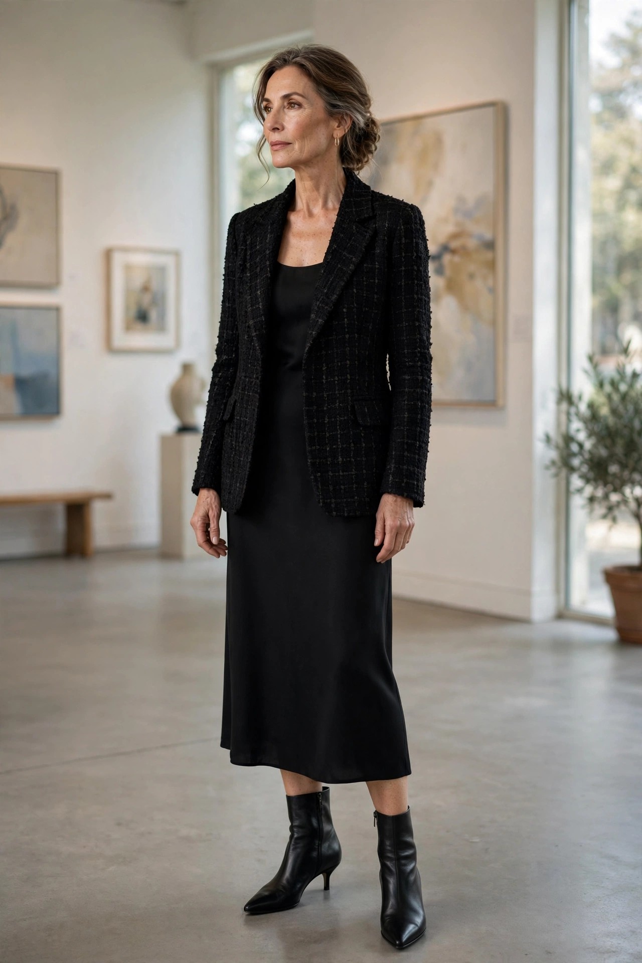 Woman in her 50s wearing black kitten-heel pointed ankle boots with a black midi dress and tweed blazer