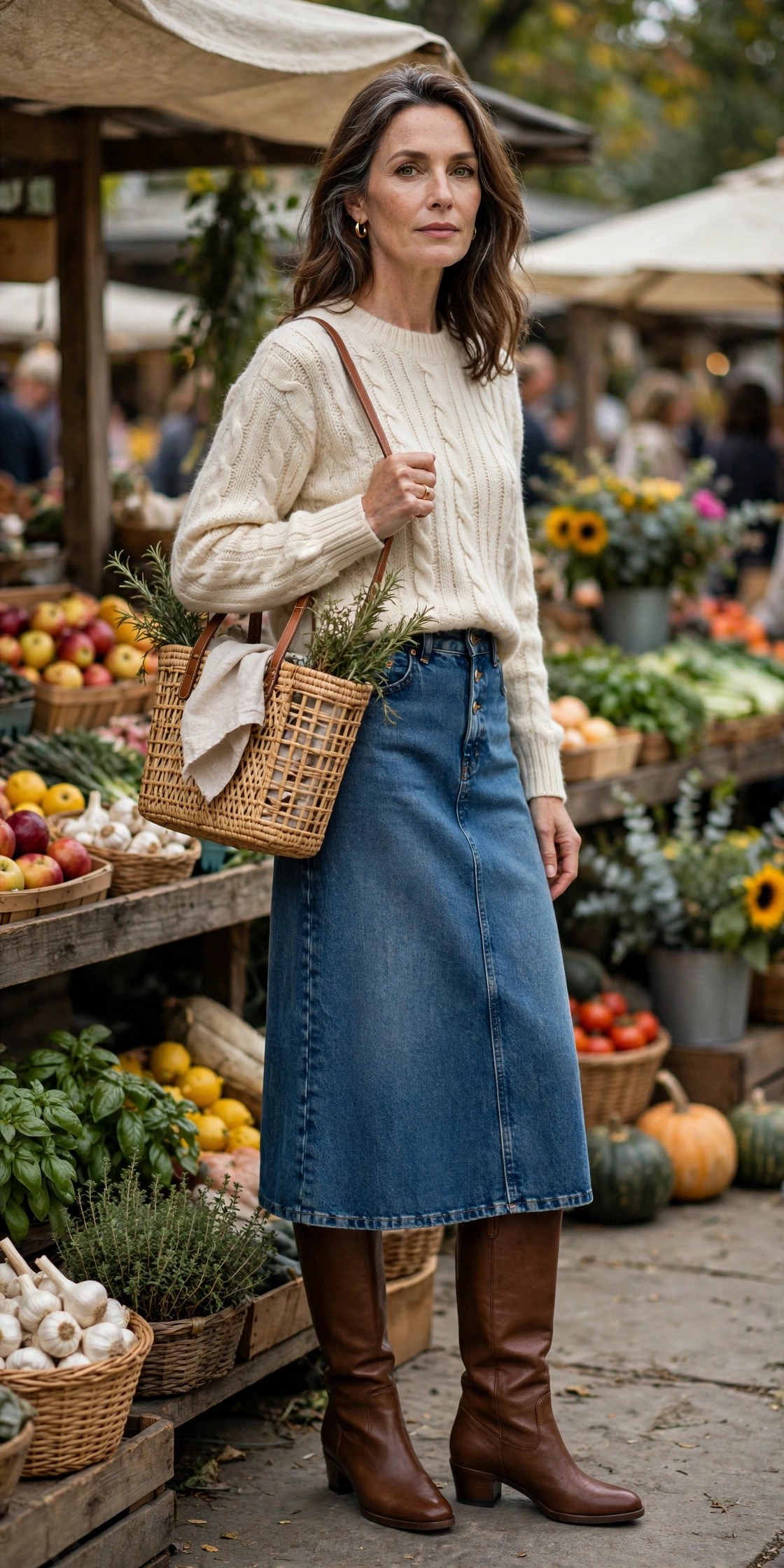 Woman in her 50s wearing brown low stacked-heel knee-high boots with a denim midi skirt and cream sweater