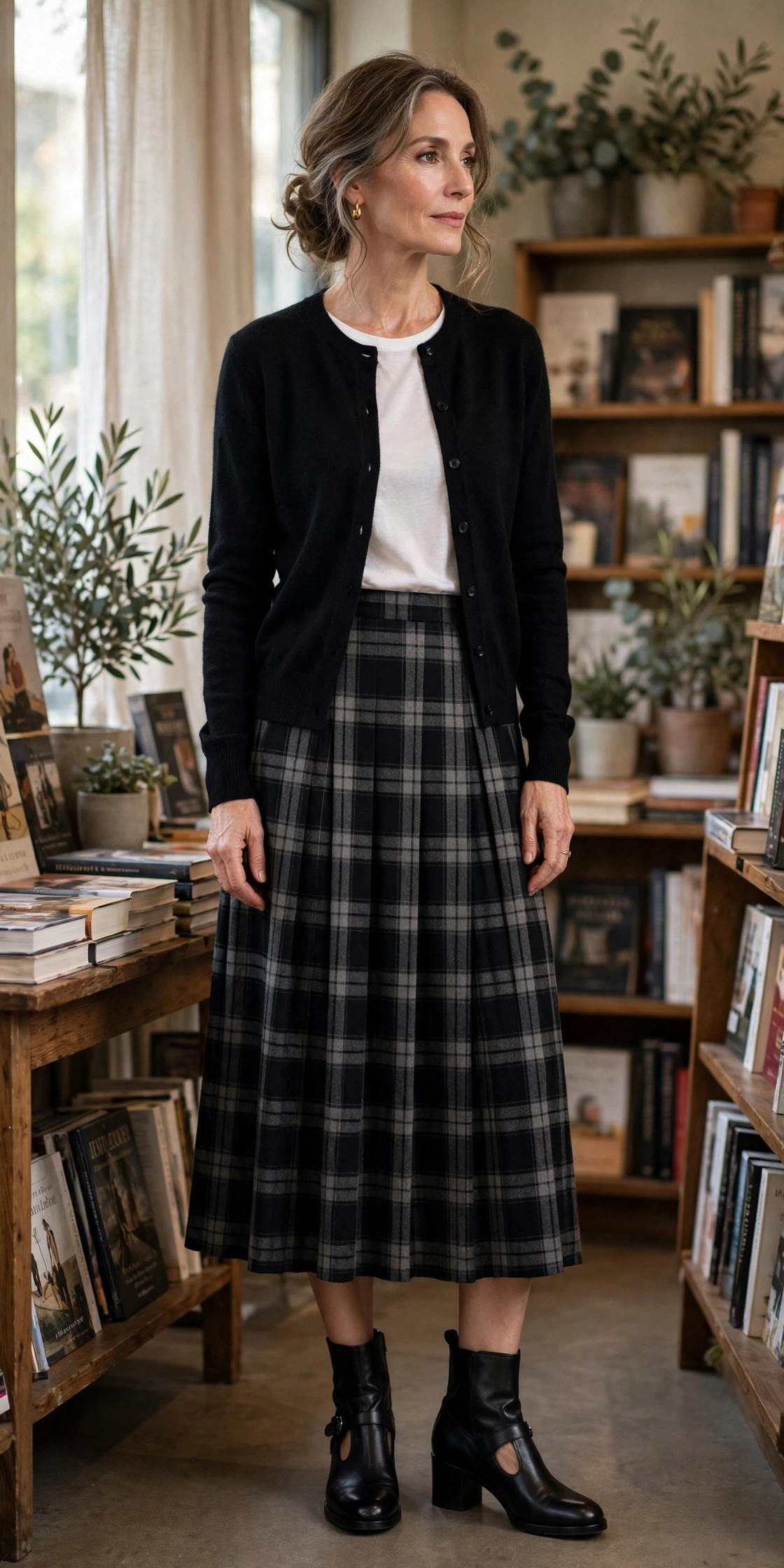 Woman in her 50s wearing black mary-jane strap ankle boots with a plaid midi skirt and black cardigan