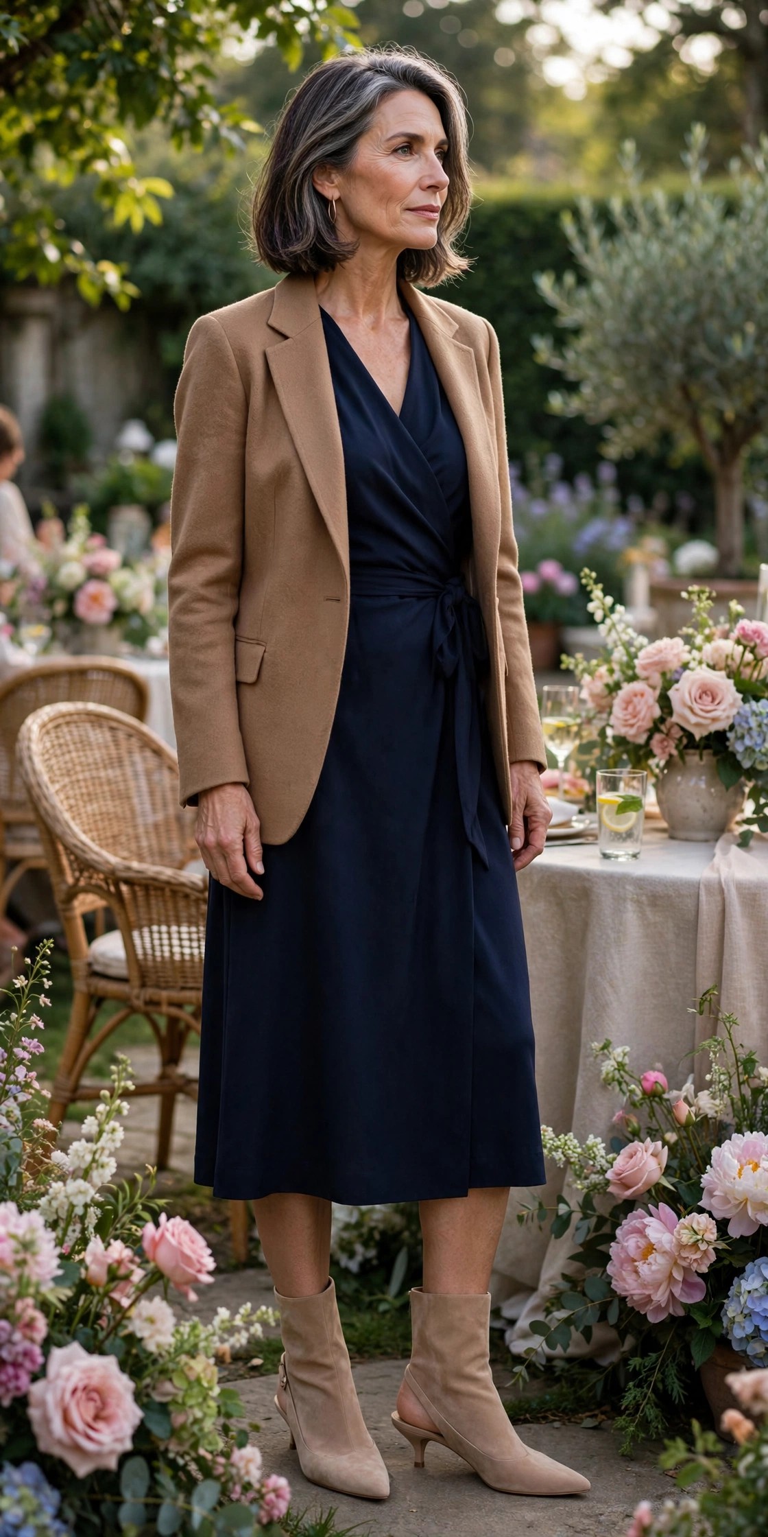Woman in her 50s wearing nude slingback low-heel booties with a navy wrap dress and camel blazer