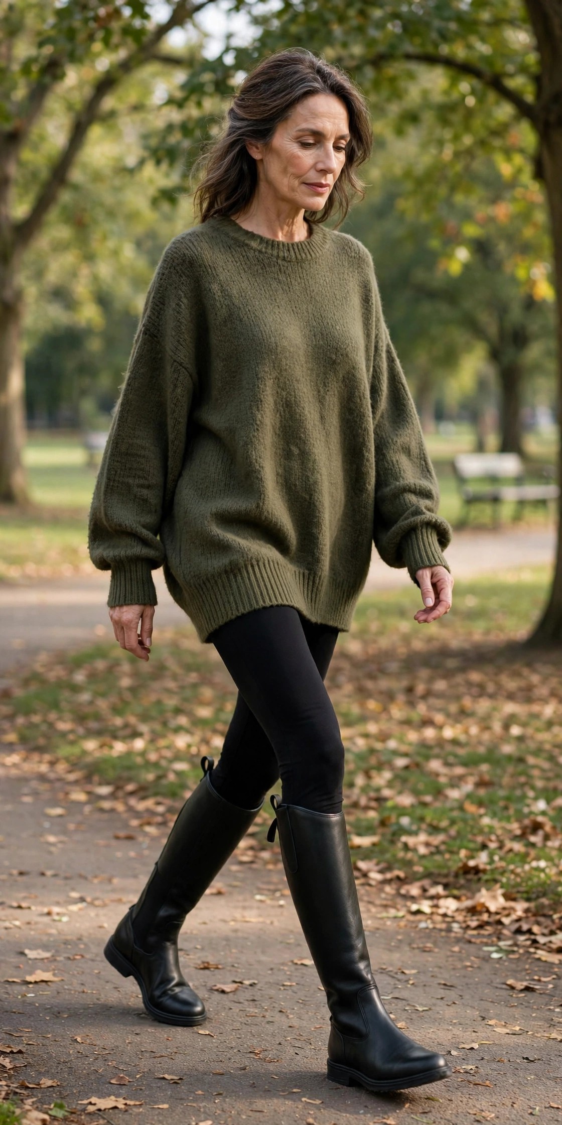 Woman in her 50s wearing black flat riding boots with black leggings and an oversized olive sweater in a park