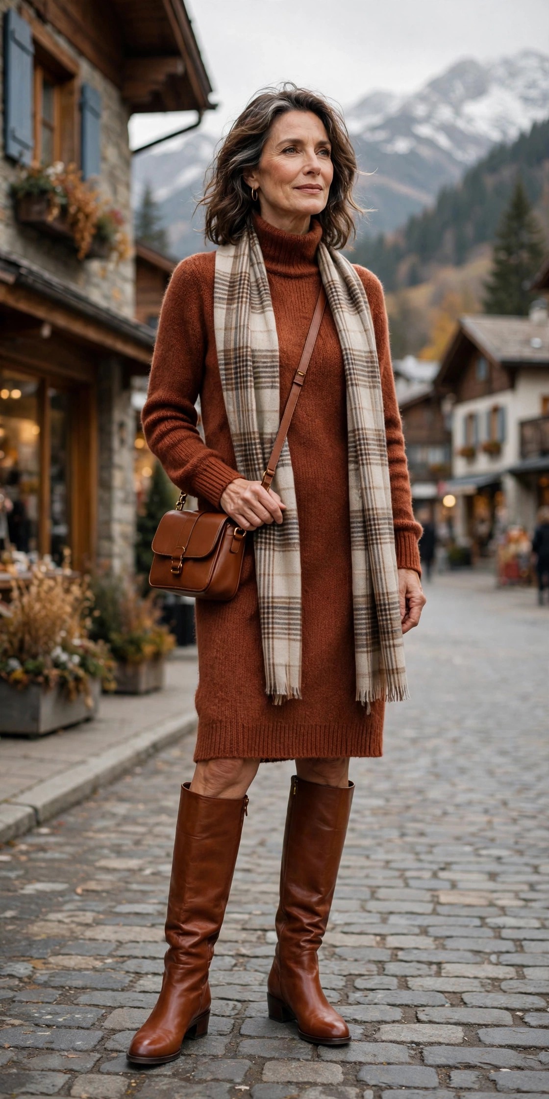 Woman in her 50s wearing cognac low-heel knee-high boots with a rust sweater dress and long scarf