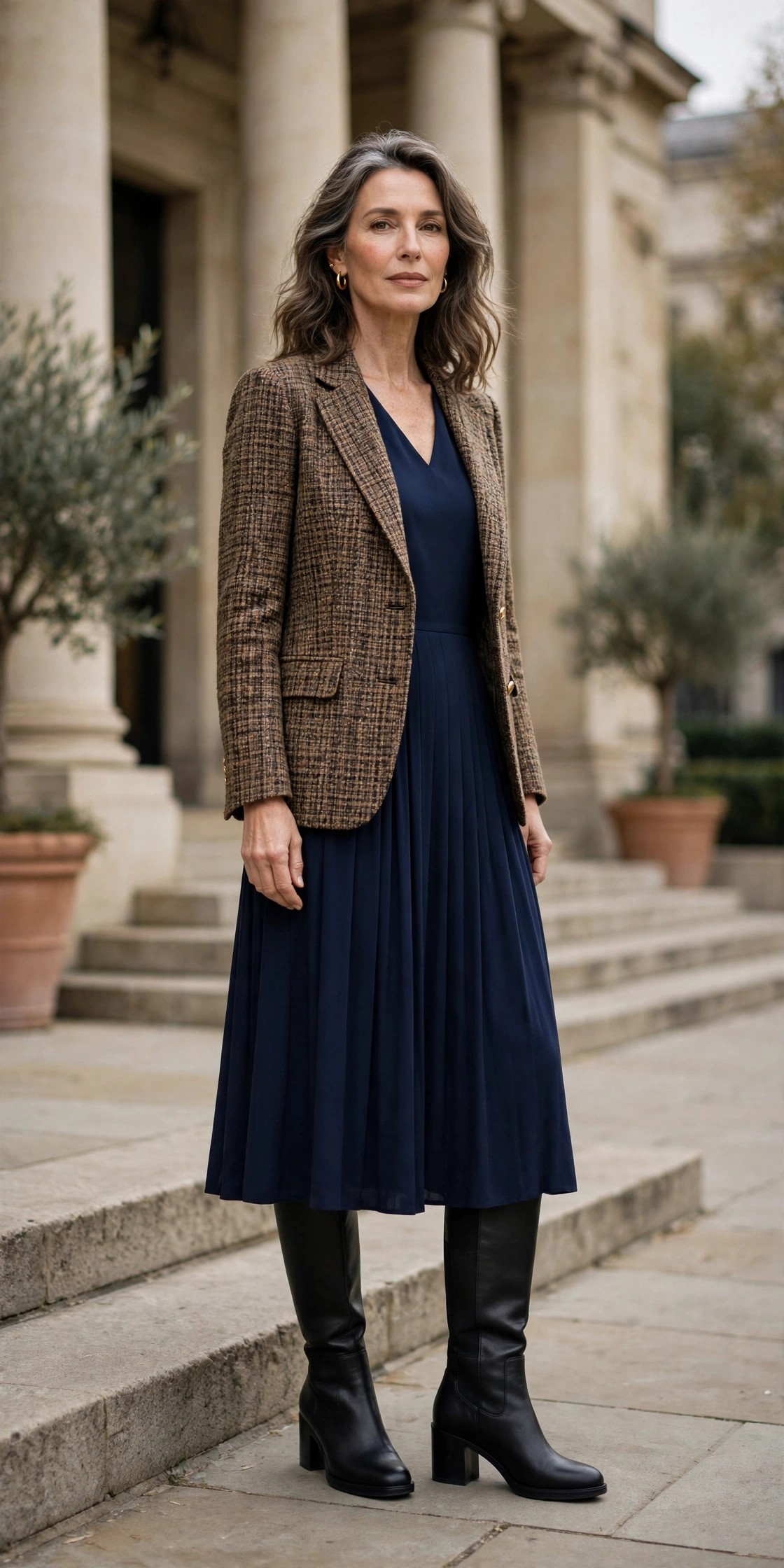 Woman in her 50s wearing black wide-calf comfort knee-high boots with a navy midi dress and tweed blazer