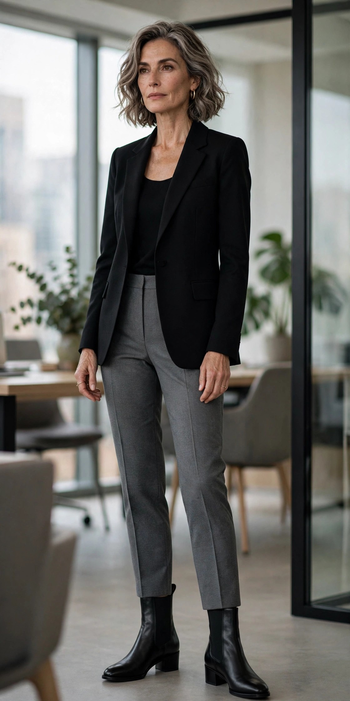 Woman in her 50s wearing black elastic-back dress boots with grey trousers and a black blazer in an office