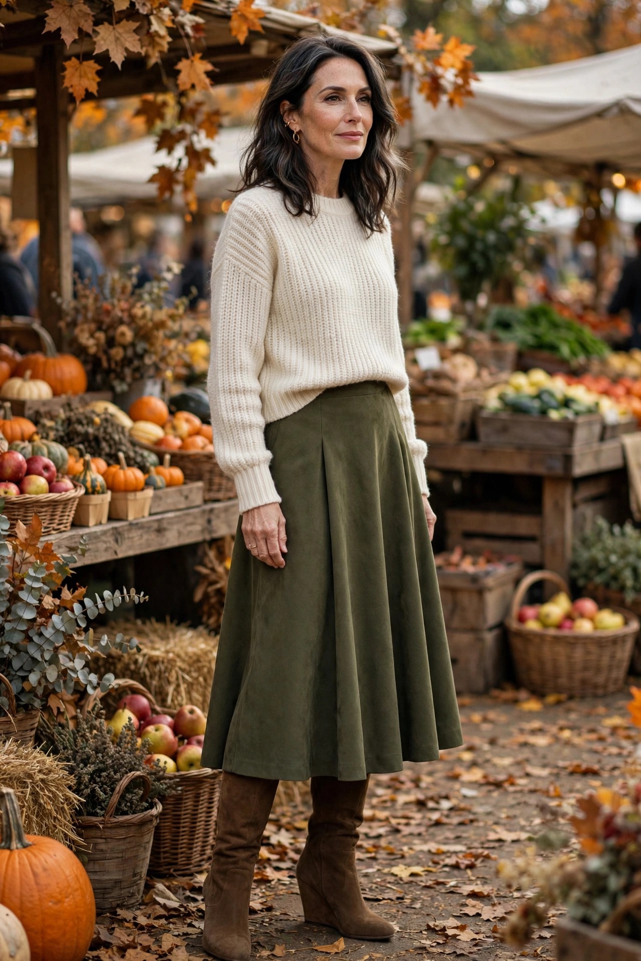 Woman in her 50s wearing brown wedge-heel knee-high boots with an olive midi skirt and cream sweater