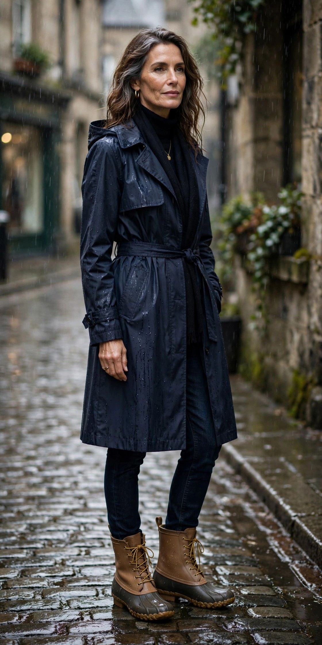 Woman in her 50s wearing tan waterproof duck boots with dark jeans and a navy raincoat on a rainy street