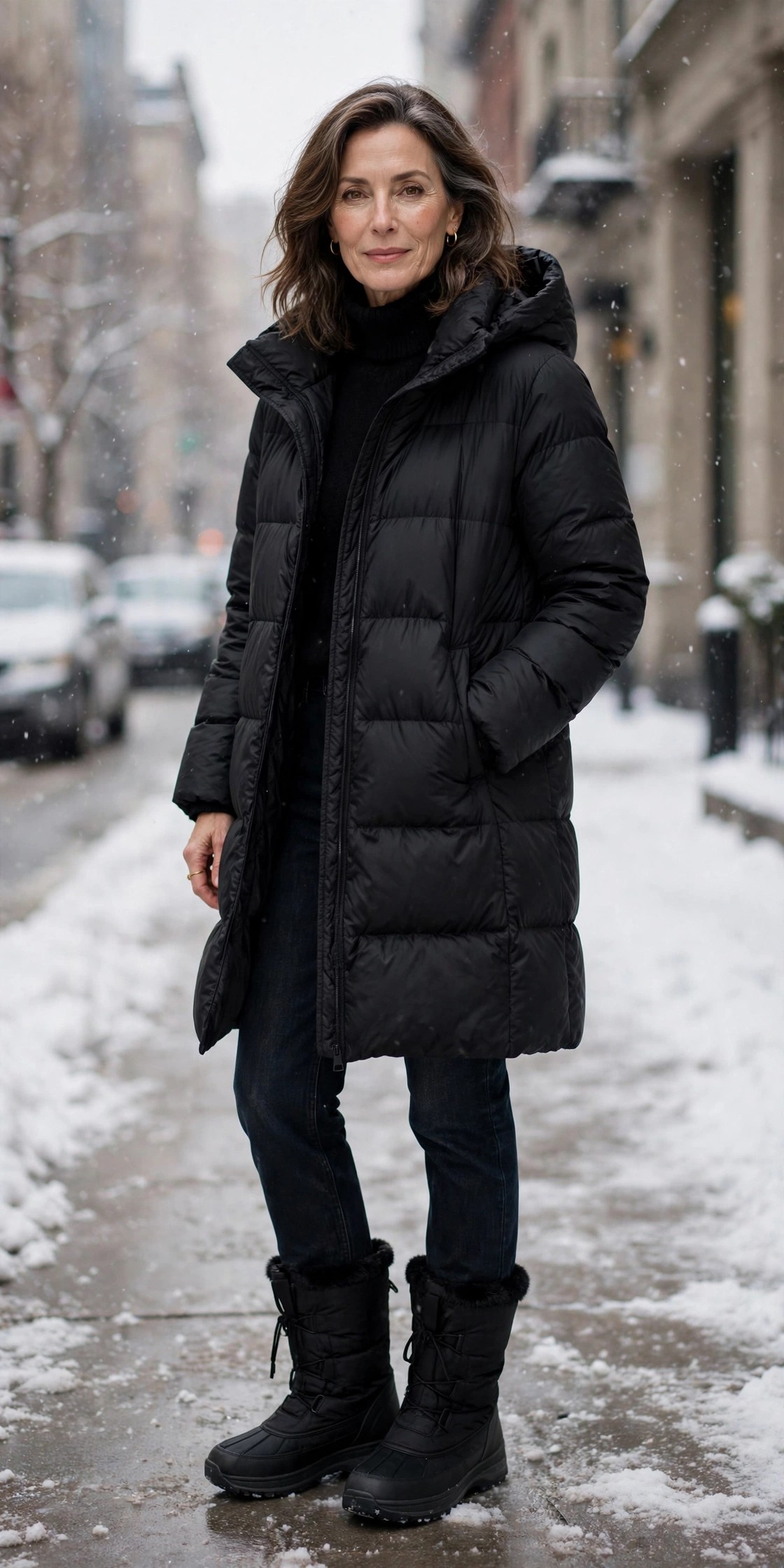 Woman in her 50s wearing black insulated snow boots with a black puffer coat on a snowy sidewalk