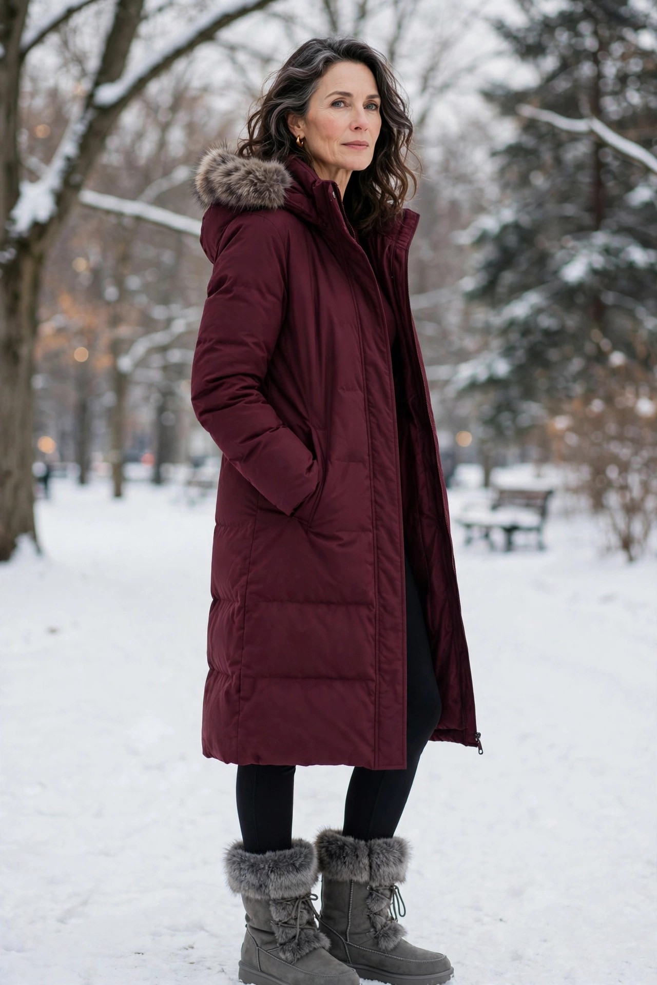 Woman in her 50s wearing grey faux-fur-trim winter boots with black leggings and a burgundy parka in snow