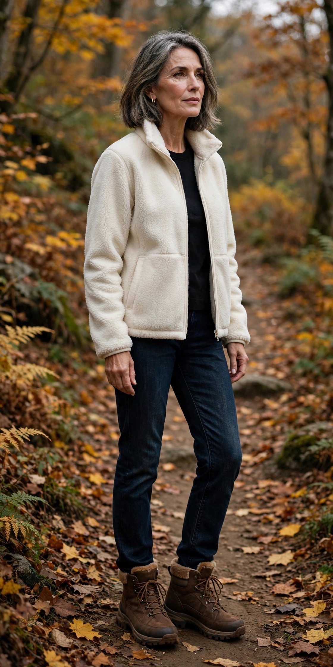 Woman in her 50s wearing brown thermal-lined hiking-style boots with dark jeans and a cream fleece on a trail
