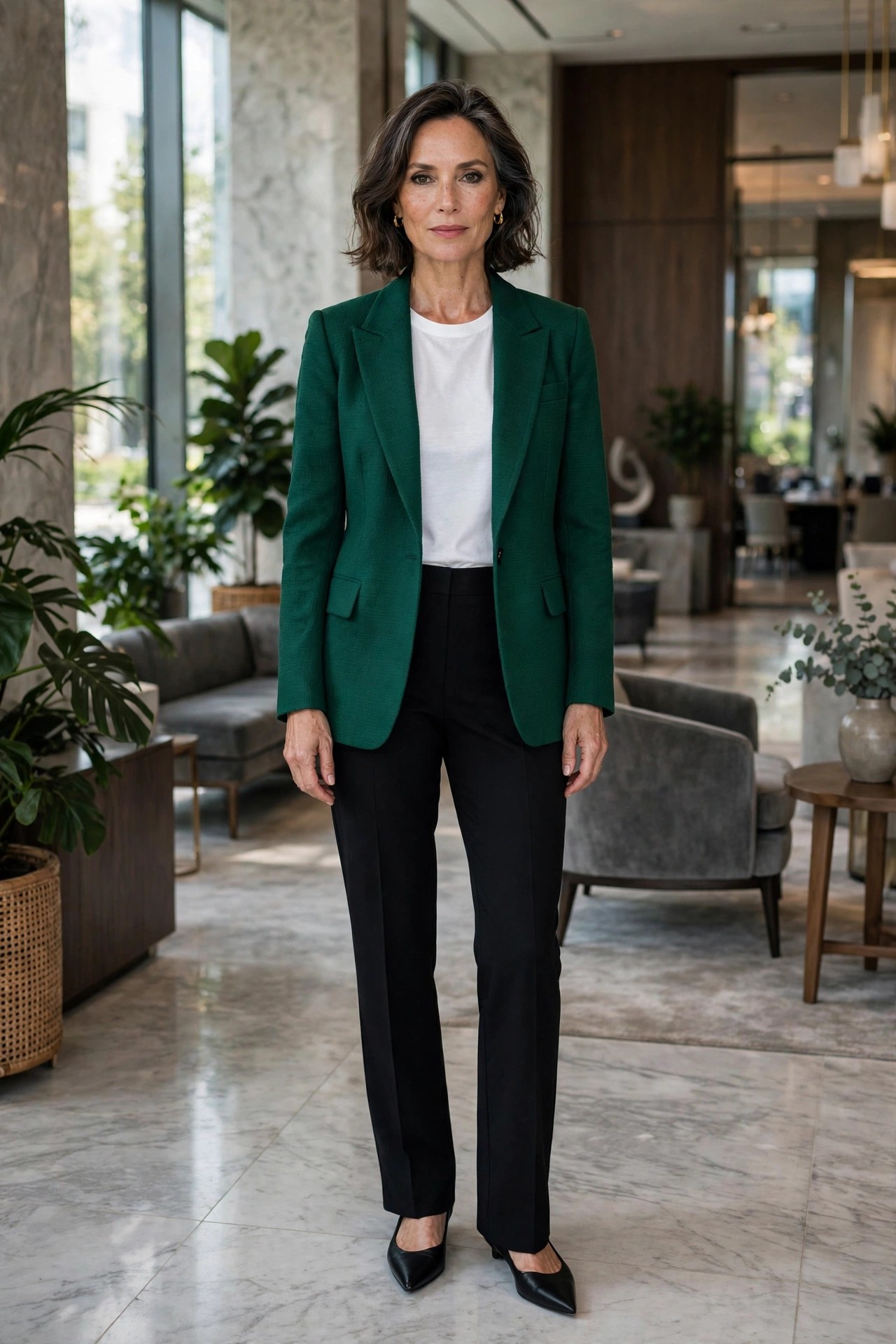 Elegant woman in her 50s in an emerald green blazer, white tee and black trousers in a hotel lobby