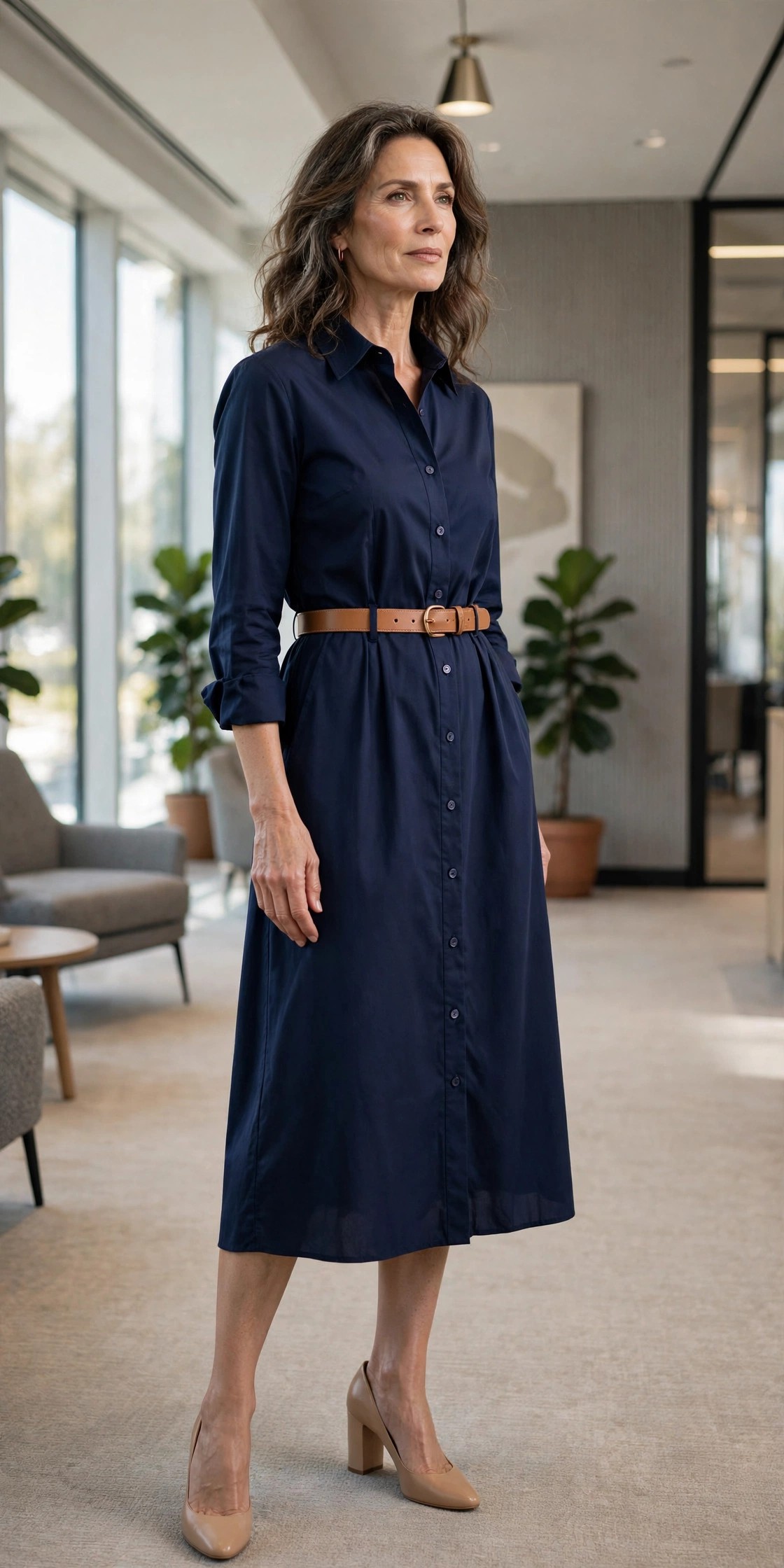 Woman over 50 in a navy belted midi shirtdress with a tan belt and nude block heels