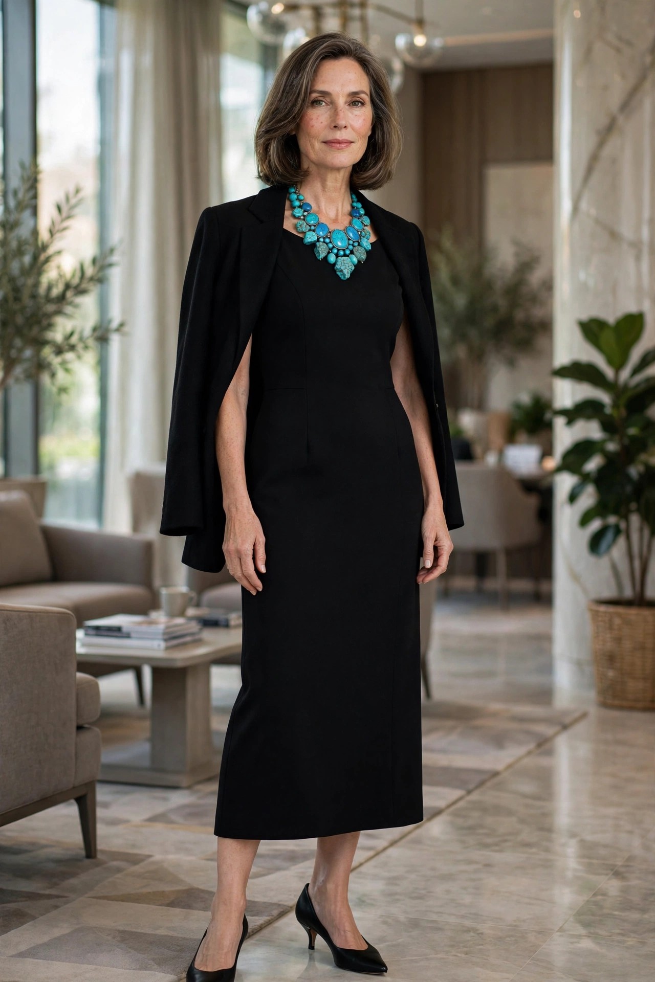 Mature woman in a black column midi dress with a bold turquoise necklace in a conference hotel