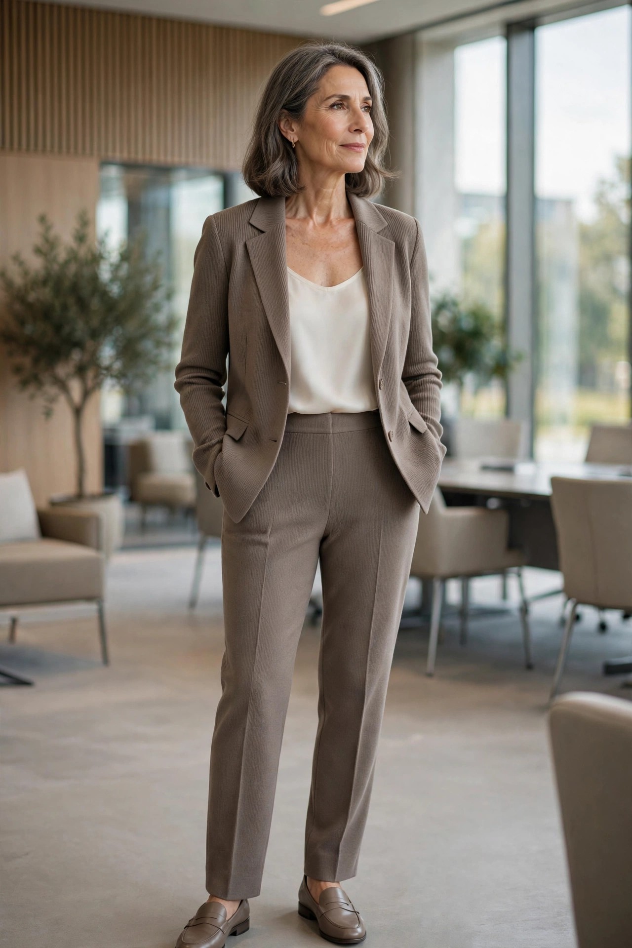 Stylish woman over 50 in a taupe ponte knit blazer and trousers at a conference center