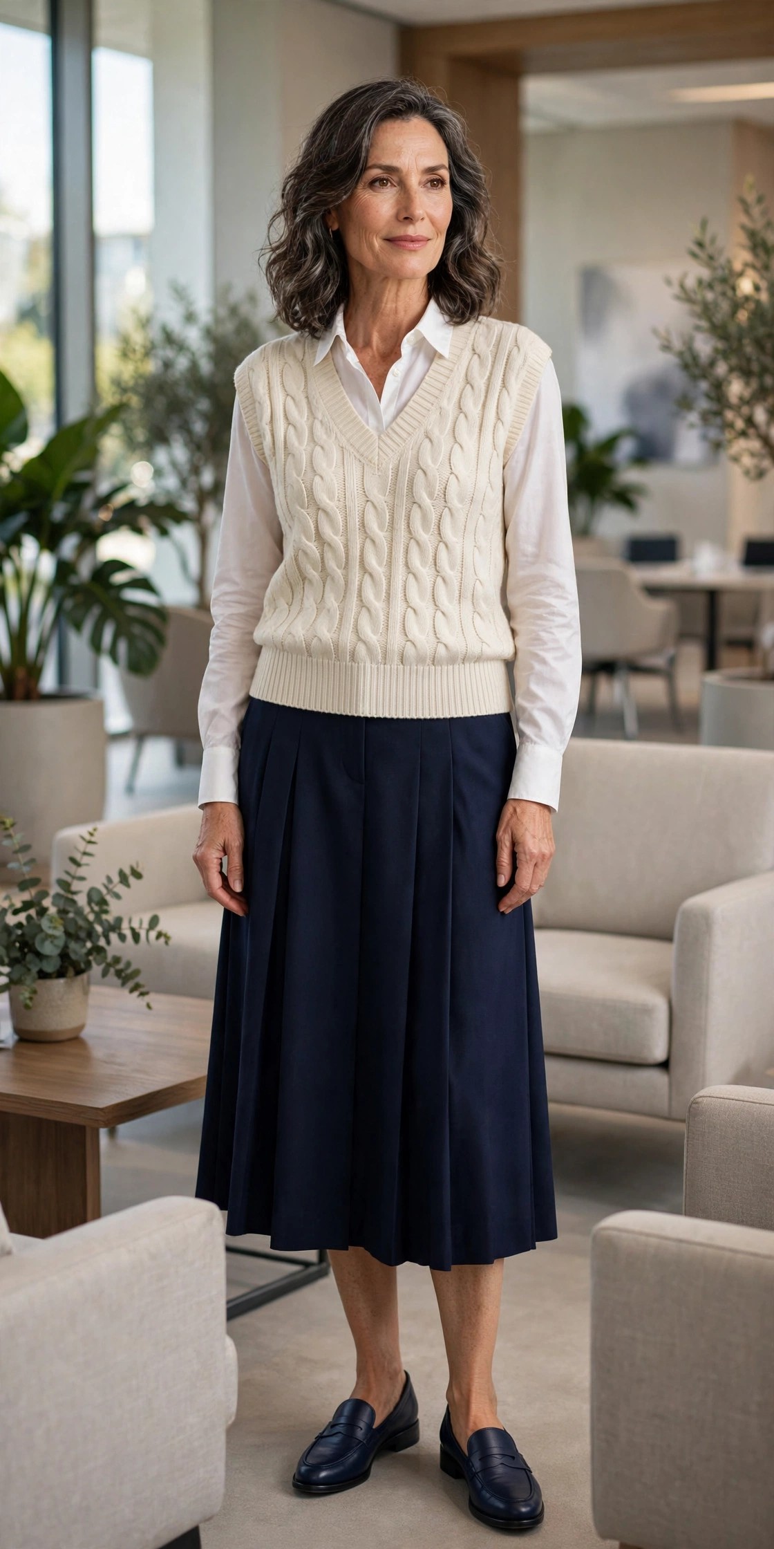 Woman in her 50s wearing a cream cable-knit sweater vest, white shirt and navy pleated skirt