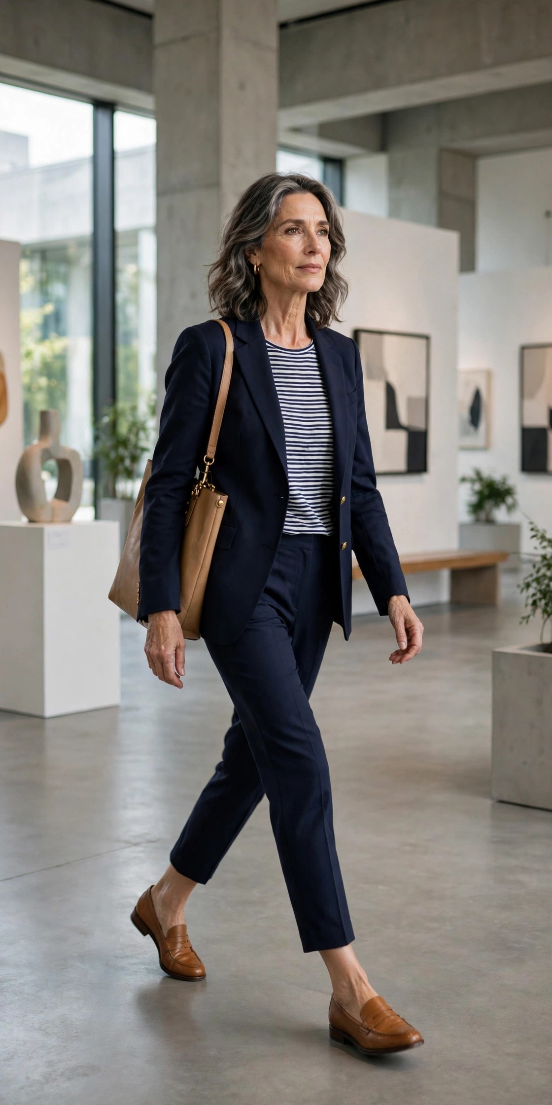 Woman over 50 in navy cropped trousers, striped top and tan loafers walking an exhibition hall