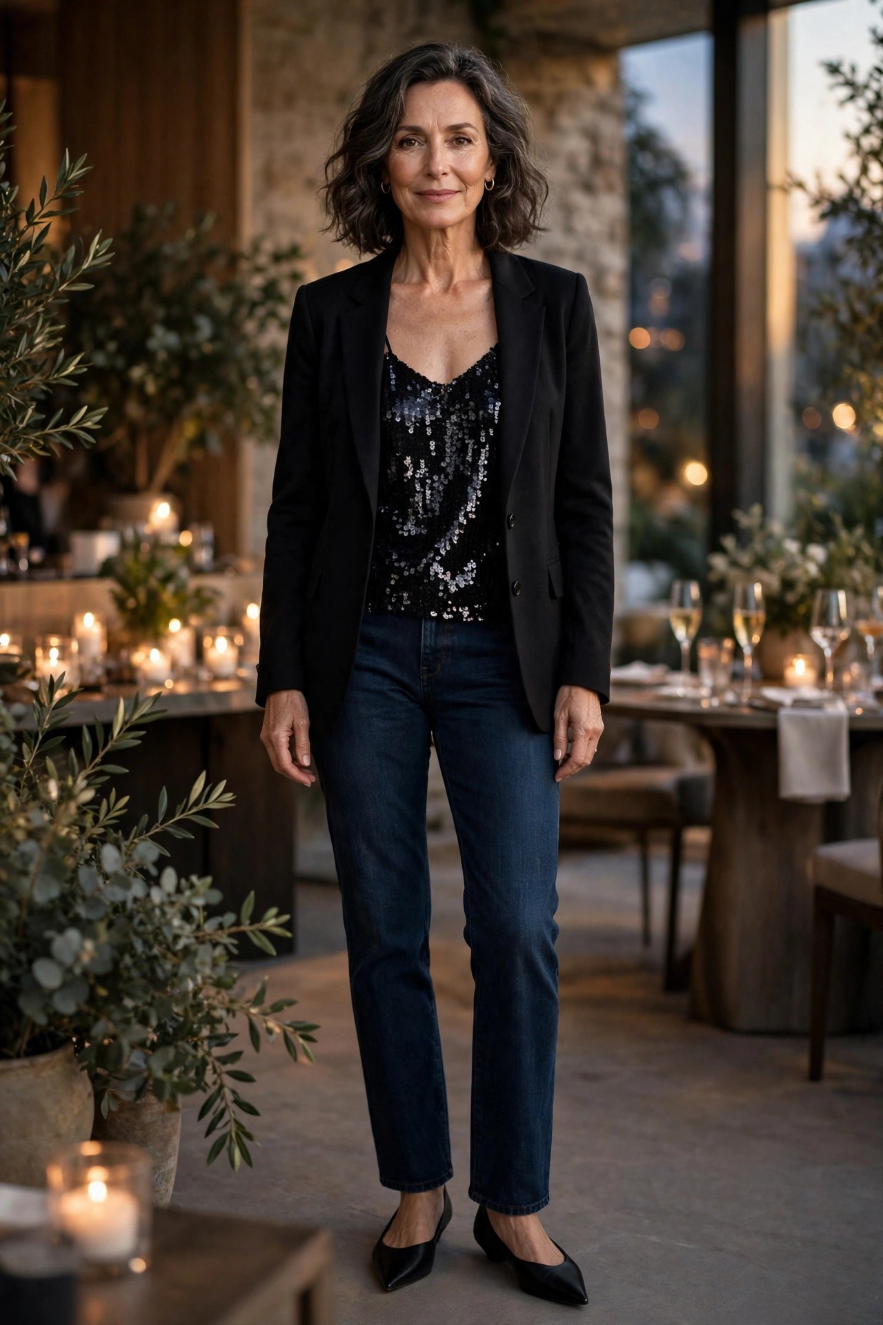 Mature woman in a black sequin shell top, dark jeans and blazer at a cocktail reception