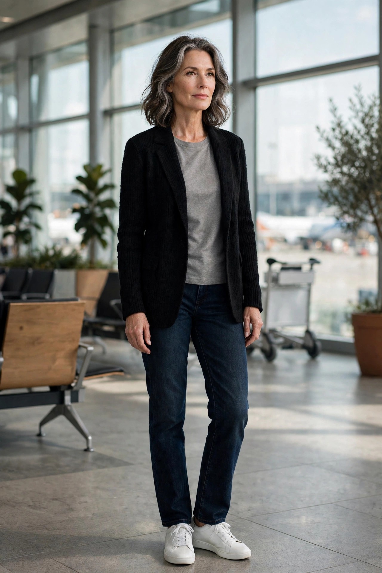 Stylish woman in her 50s in a black knit blazer, grey tee, dark jeans and white sneakers at an airport