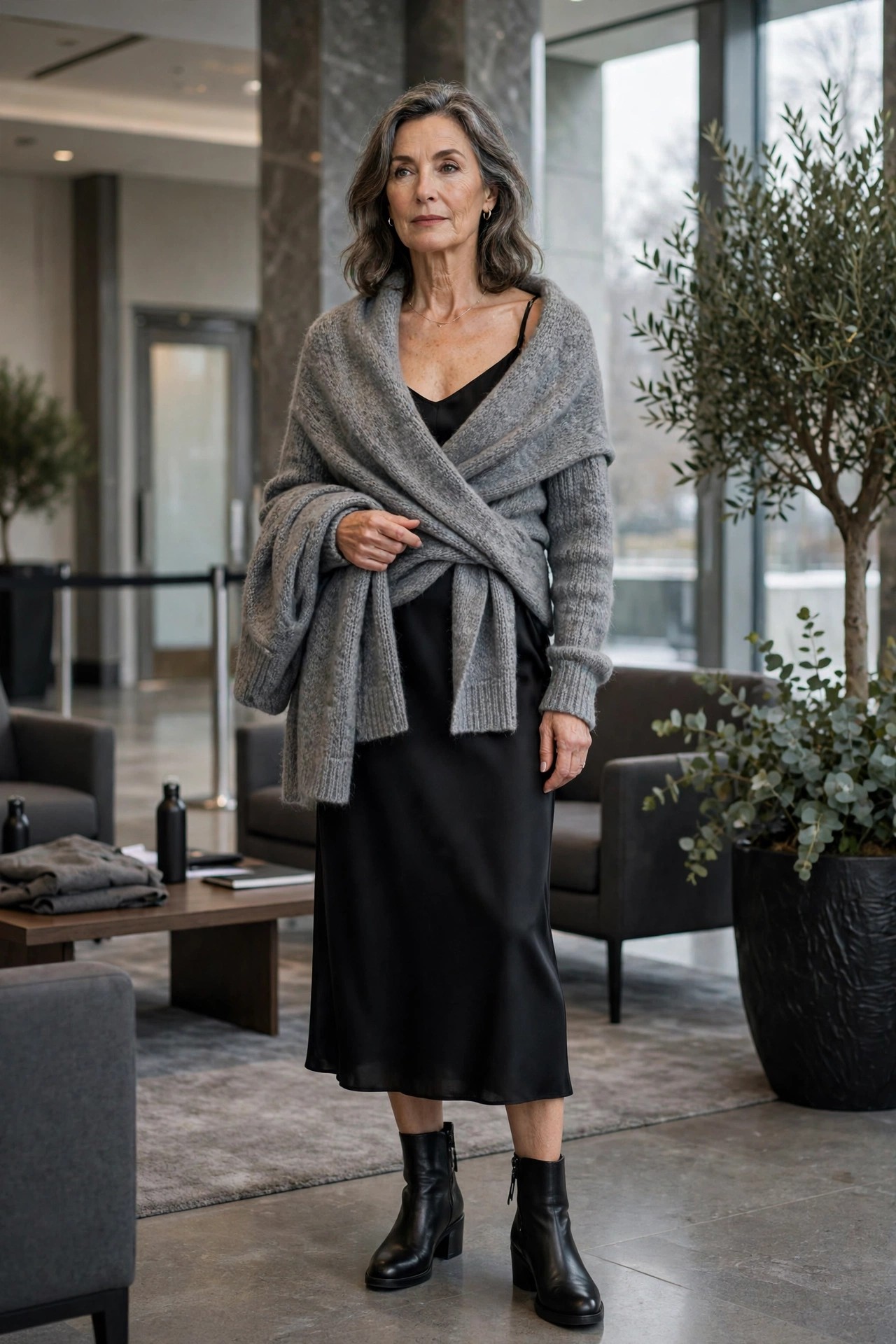 Woman in her 50s in a grey merino wrap cardigan over a black slip dress in a conference lobby