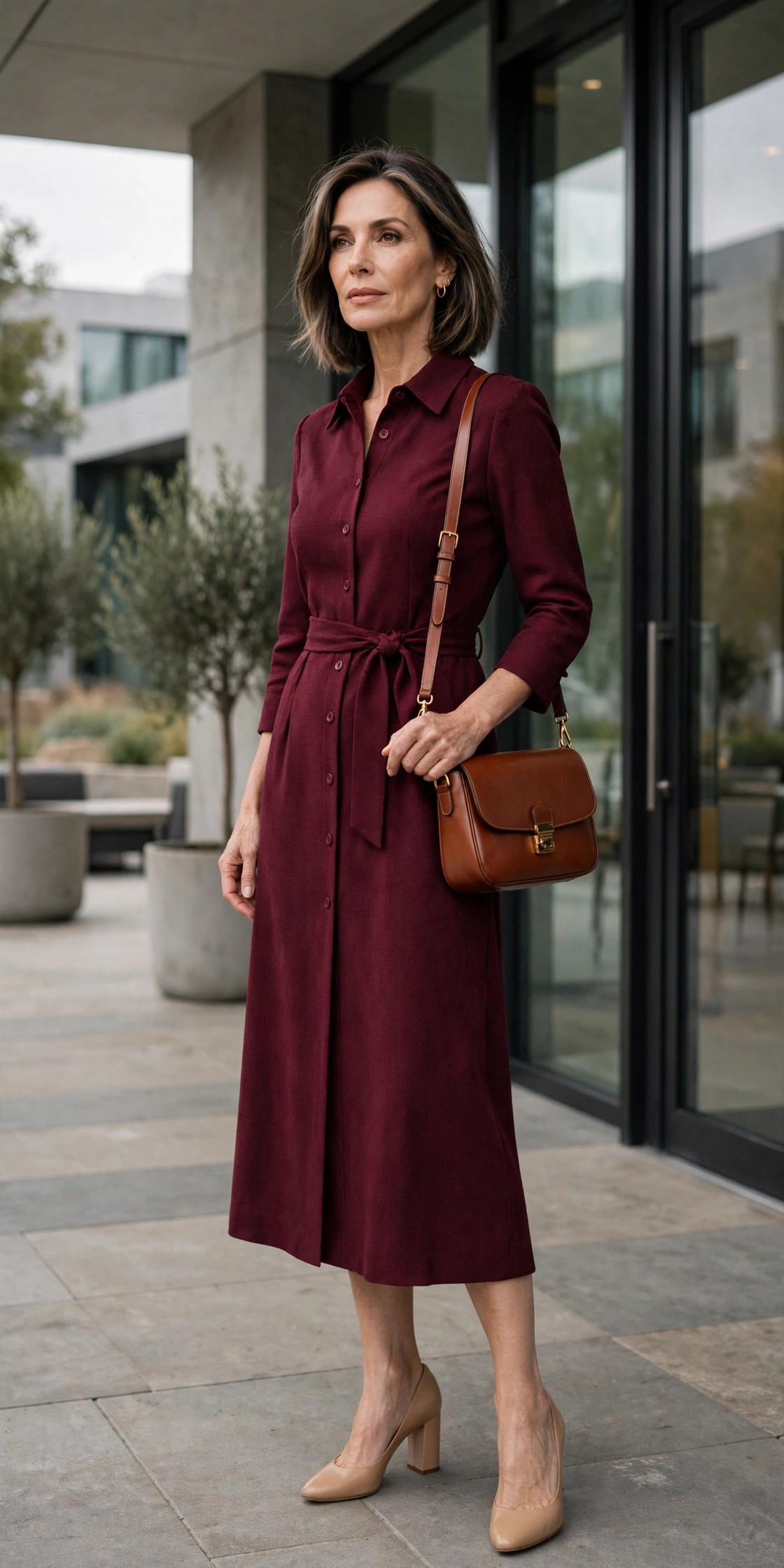 Elegant woman over 50 in a burgundy midi dress with nude block heels and a cognac crossbody bag